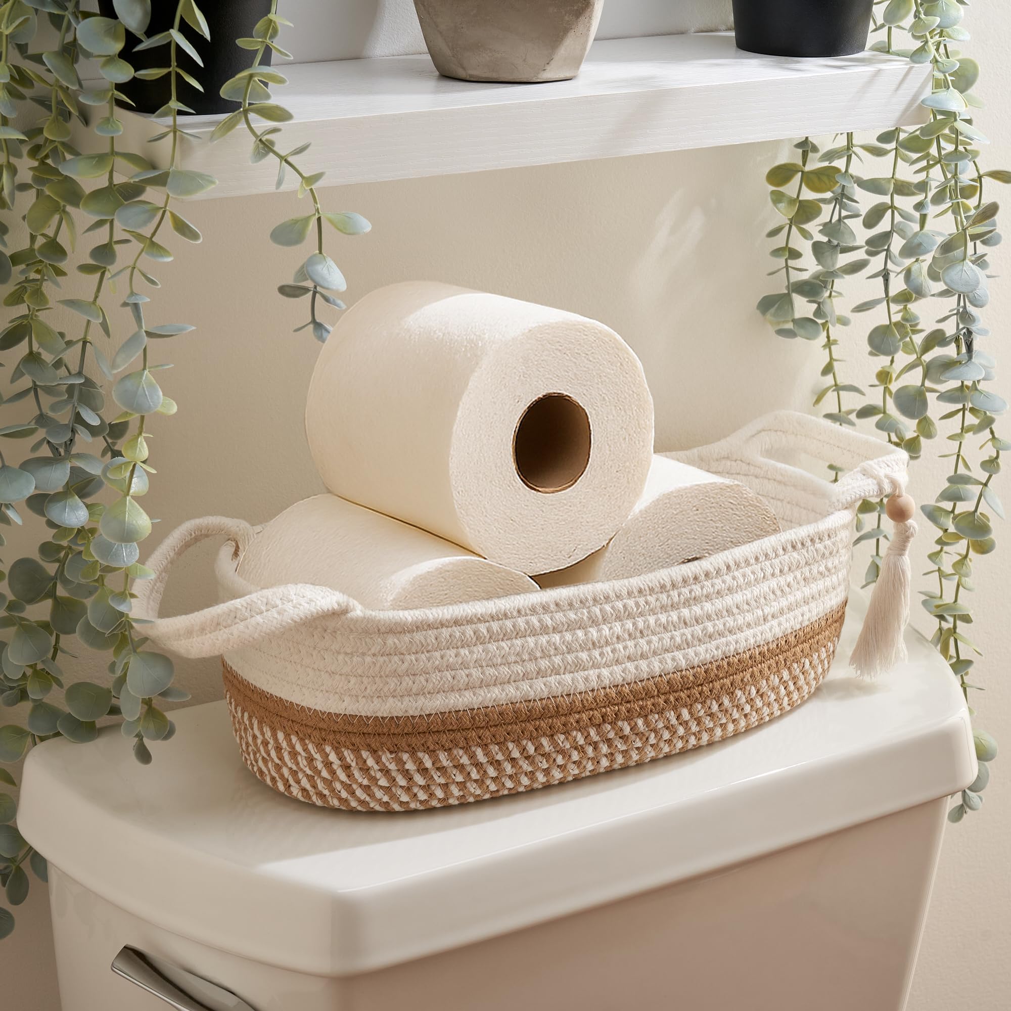 Decorative Toilet Paper Basket – Beautiful Bathroom Organizer for Toilet Tank Storage Decor – Boho Jute Cotton Rope Bin with Tassel for Bathroom Accessories and as Shelf Decor
