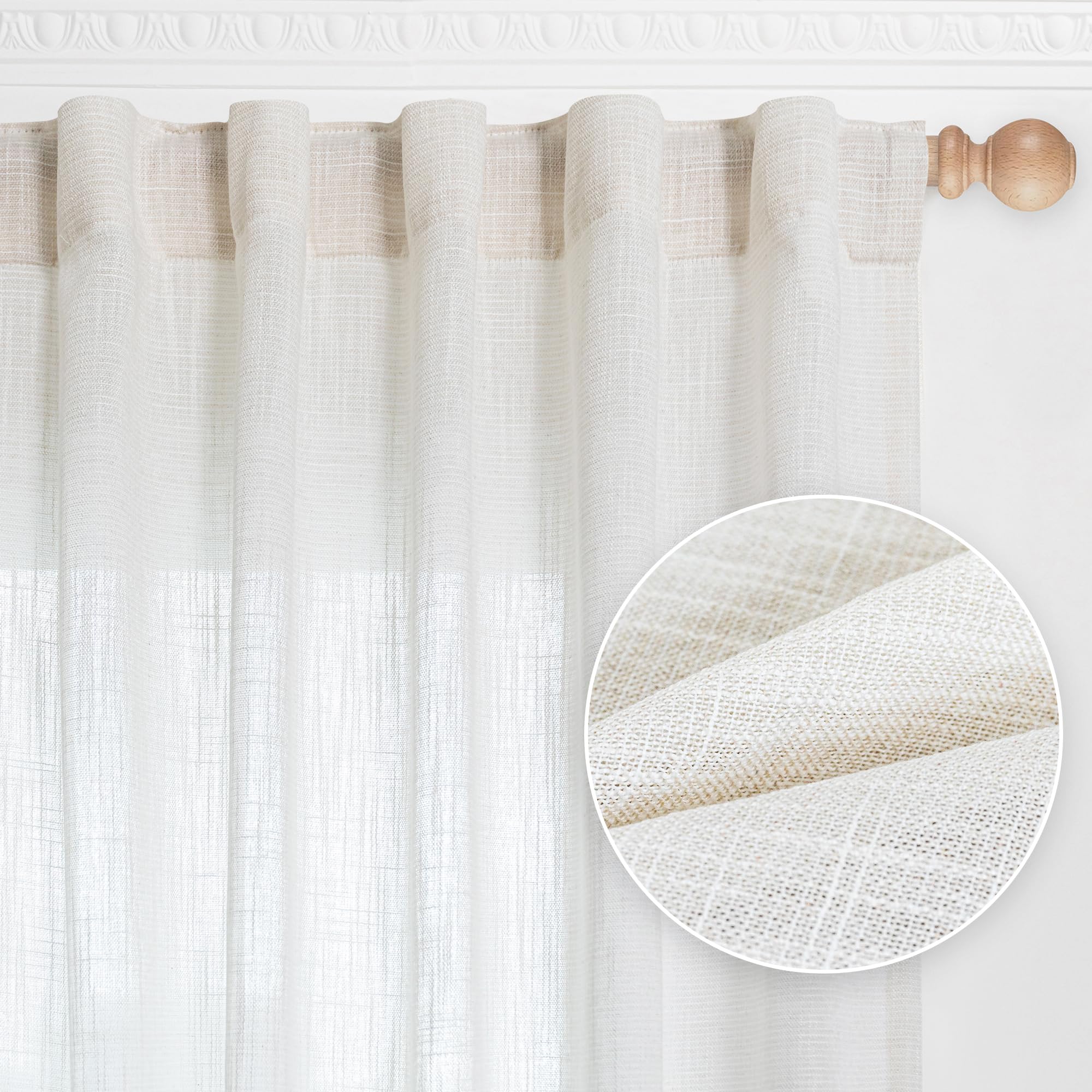 MYSKY HOME Linen Curtains for Living Room, Natural Semi Sheer Curtains & Drapes 84 inches Length 2 Panels Set Farmhouse Country Boho Style Back Tab Draperies for Sliding Glass Door, 50" Wide, Linen