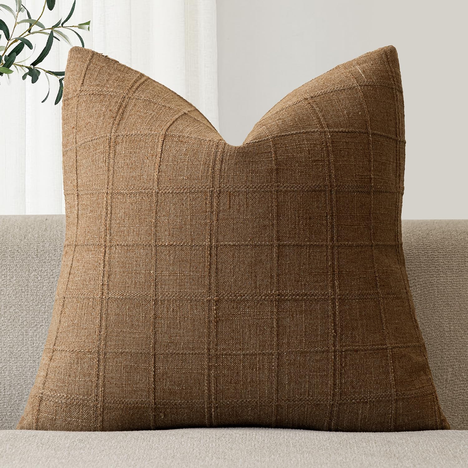 Foindtower Set of 1 Decorative Linen Check Throw Pillow Cover Neutral Farmhouse Lumbar Cushion Cover Modern Boho Home Decor for Sofa Chair Couch Bedroom Living Room,12×20 Inch,Natural Beige