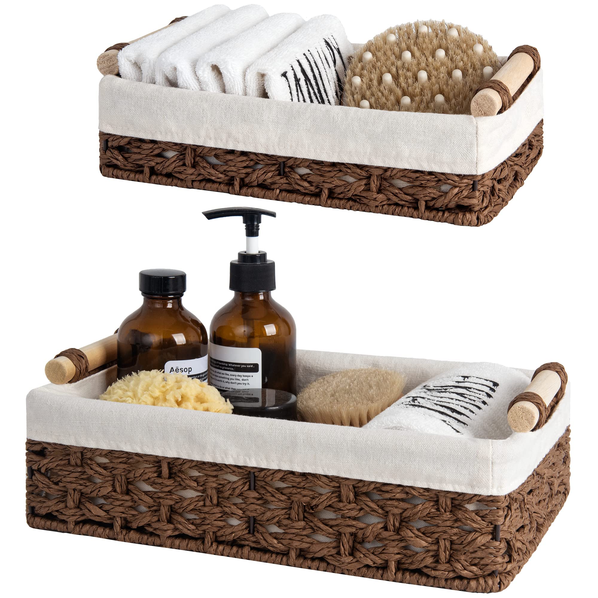 StorageWorks Small Baskets for Organizing, Wicker Bathroom Basket for Toilet Tank Top with Liner, Natural Water Hyacinth, Set of 2