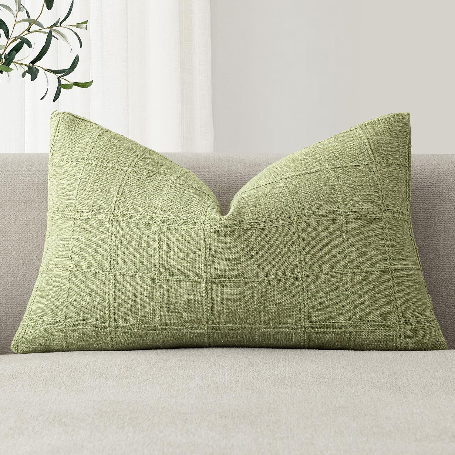 Foindtower Set of 1 Decorative Linen Check Throw Pillow Cover Neutral Farmhouse Lumbar Cushion Cover Modern Boho Home Decor for Sofa Chair Couch Bedroom Living Room,12×20 Inch,Natural Beige