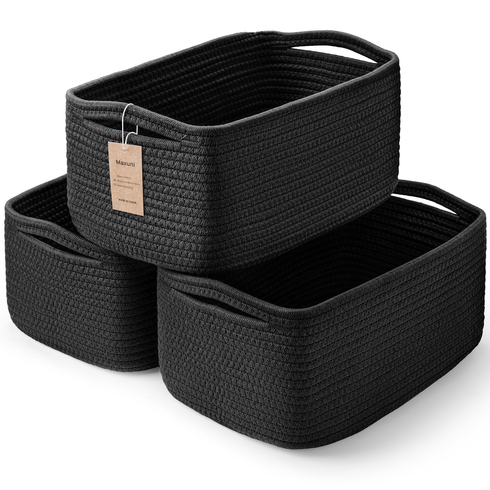 3-Pack Small Storage Baskets for Organizing | Woven Shelf Toy Basket | Rope Baskets for Gifts Empty | Closet Organizer Bins with Handles | Cube Decorative Box | 11.8×7.8×5.1” | Mixed brown