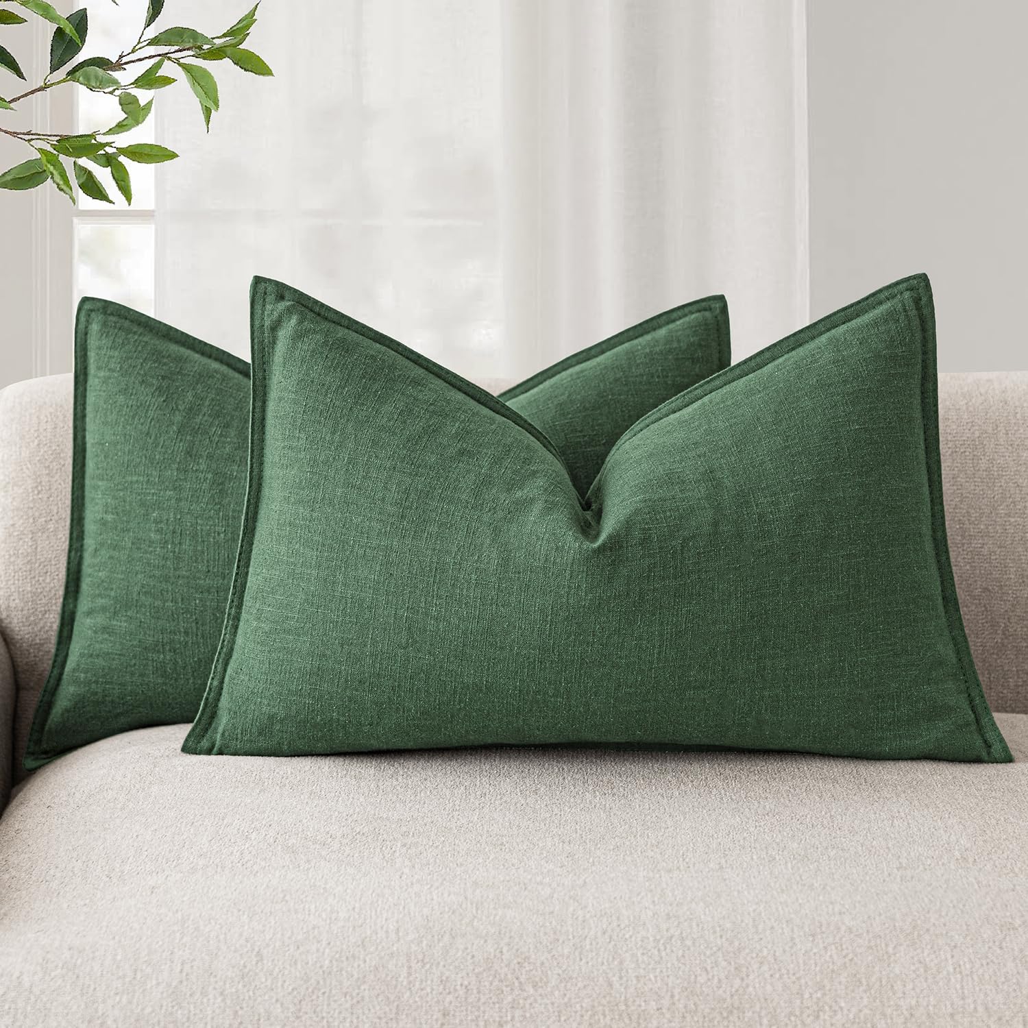 Foindtower Pack of 2, Decorative Linen Soild Throw Pillow Covers Soft Accent Cushion Case Boho Farmhouse Neutral Pillowcase for Couch Sofa Bedroom Living Room Home Decor 20 x 20 Inch Natural Beige