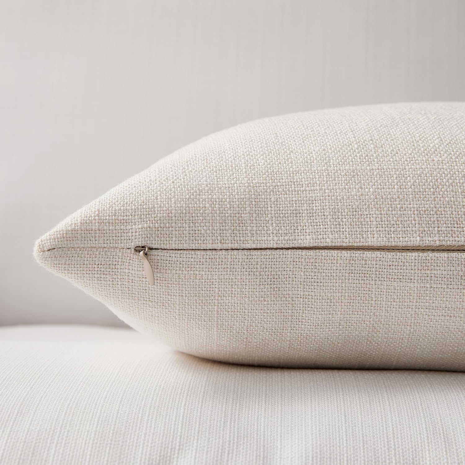 Meekio Set of 2 Ivory Throw Pillow Covers 18x18, Modern Farmhouse Linen Blend Decorative Pillow Covers for Couch Sofa Bed, Neutral Home Decor