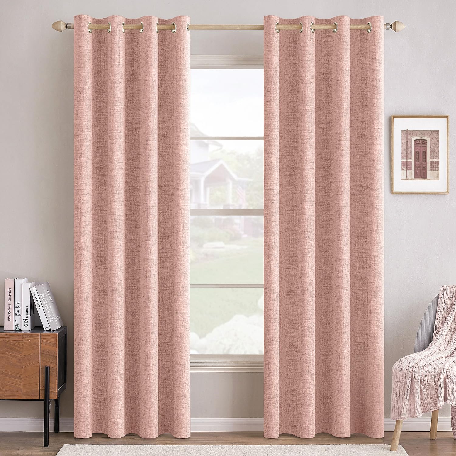 MIULEE 100% Blackout Linen Textured Curtains for Bedroom Solid Thermal Insulated Natural Beige Grommet Room Darkening Curtains & Drapes Luxury Decor for Living Room Nursery 52 x 84 Inch (2 Panels)