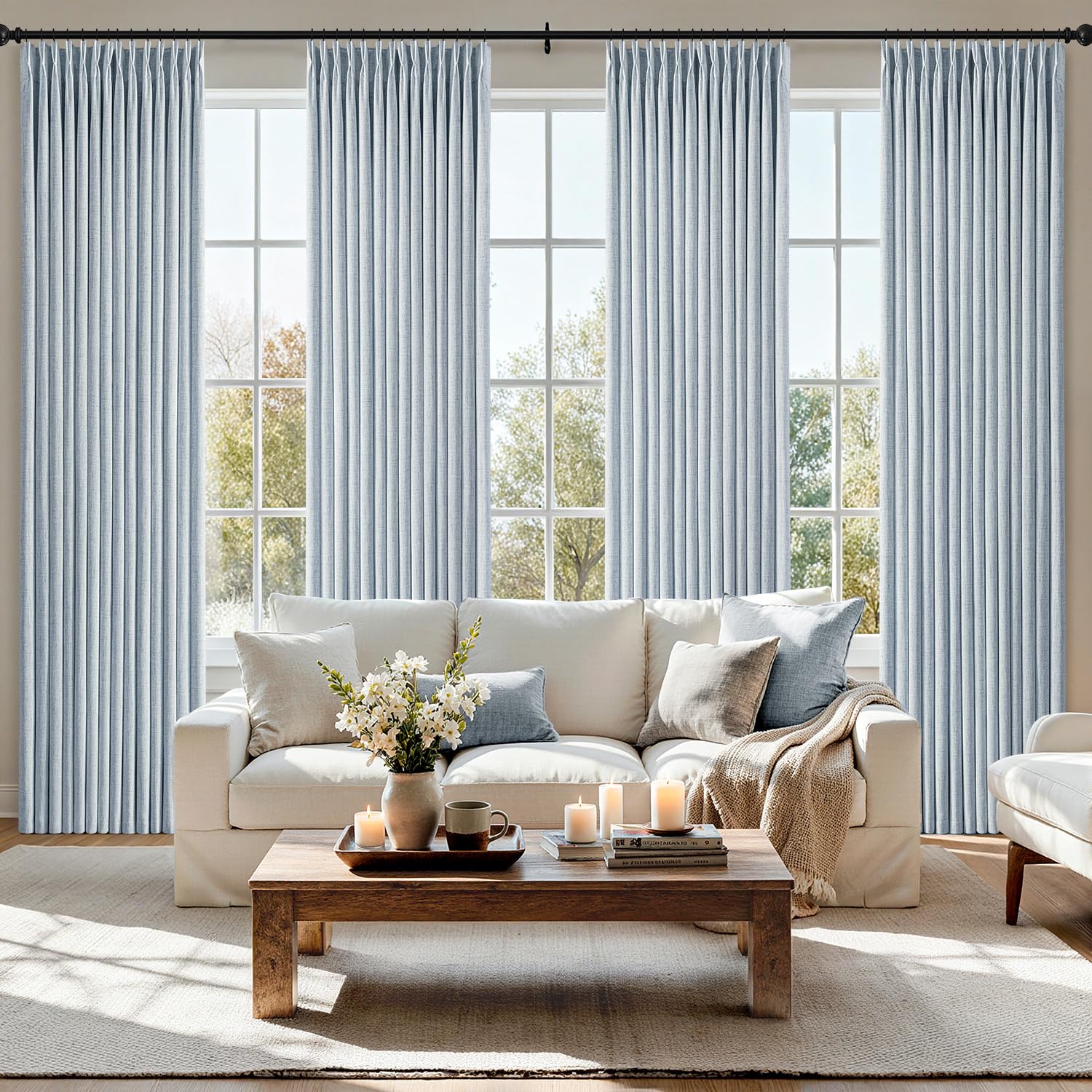 MIULEE Pinch Pleated Thick Linen Curtains 90 Inches 4 Panels Set Ivory Cream Back Tab Memory Trained Pinch Pleat Semi Sheer Light Filtering Privacy Curtains Window Drapes for Living Room Bedroom Birch