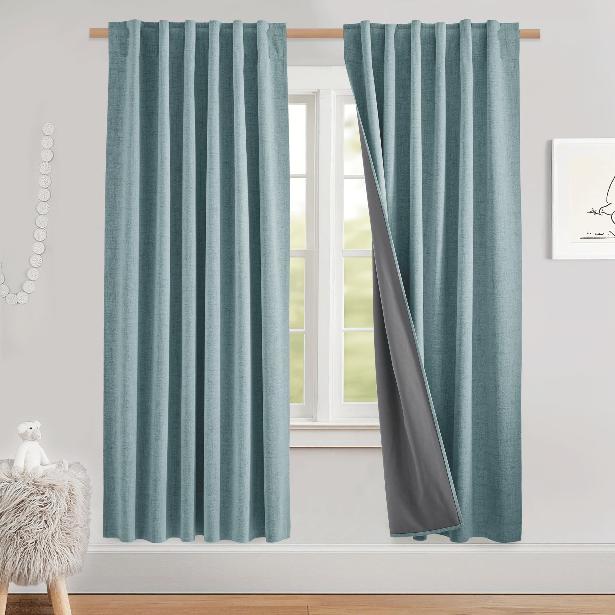 NICETOWN 100% Blackout Linen Curtains 90" Long for Bedroom, Thermal Insulated Living Room Curtains with Liner, Farmhouse Style Linen Blend Window Draperies for Dining Room (2 Panels, 52" W, Natural)