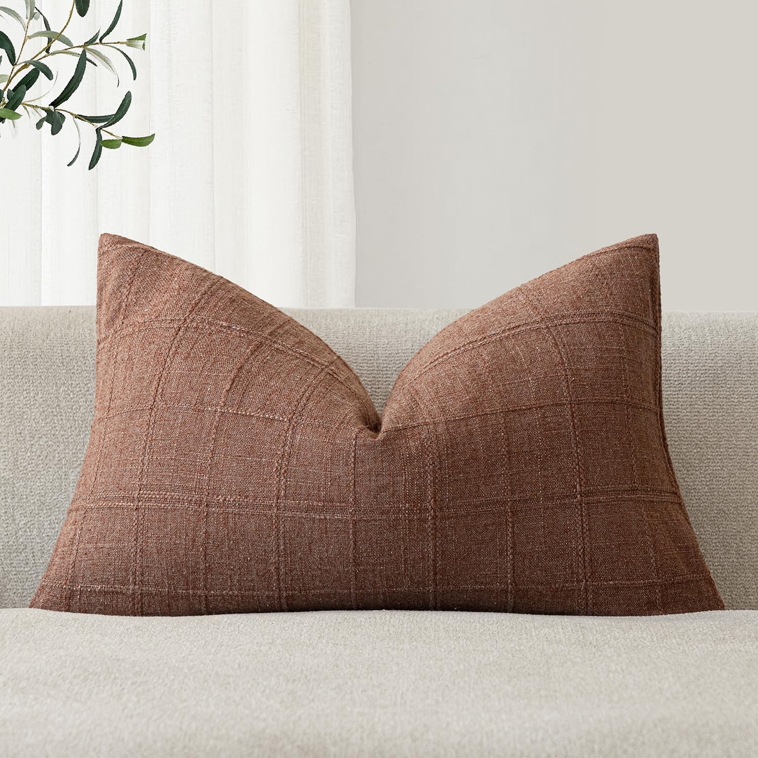 Foindtower Set of 1 Decorative Linen Check Throw Pillow Cover Neutral Farmhouse Lumbar Cushion Cover Modern Boho Home Decor for Sofa Chair Couch Bedroom Living Room,12×20 Inch,Natural Beige