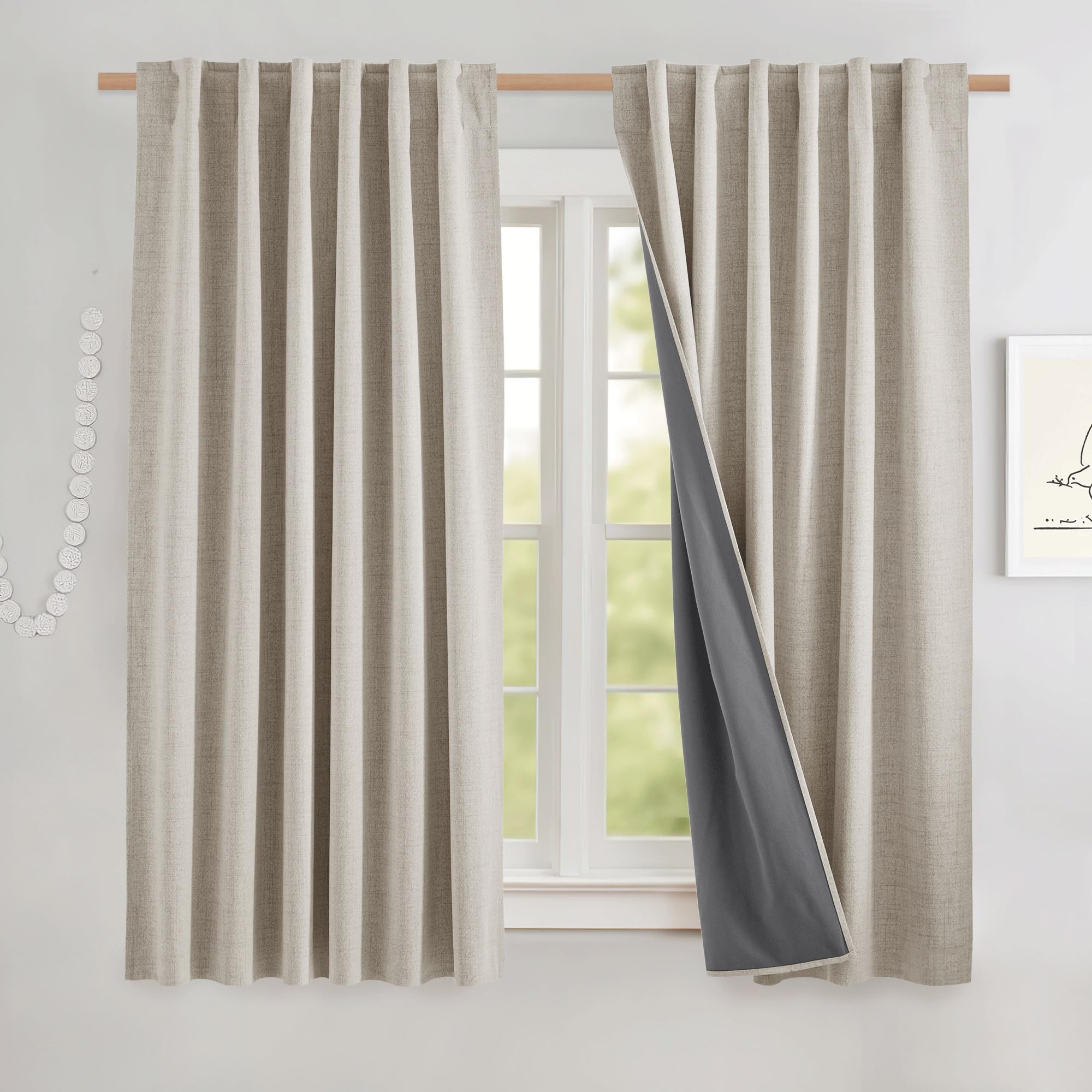 NICETOWN 100% Blackout Linen Curtains 90" Long for Bedroom, Thermal Insulated Living Room Curtains with Liner, Farmhouse Style Linen Blend Window Draperies for Dining Room (2 Panels, 52" W, Natural)
