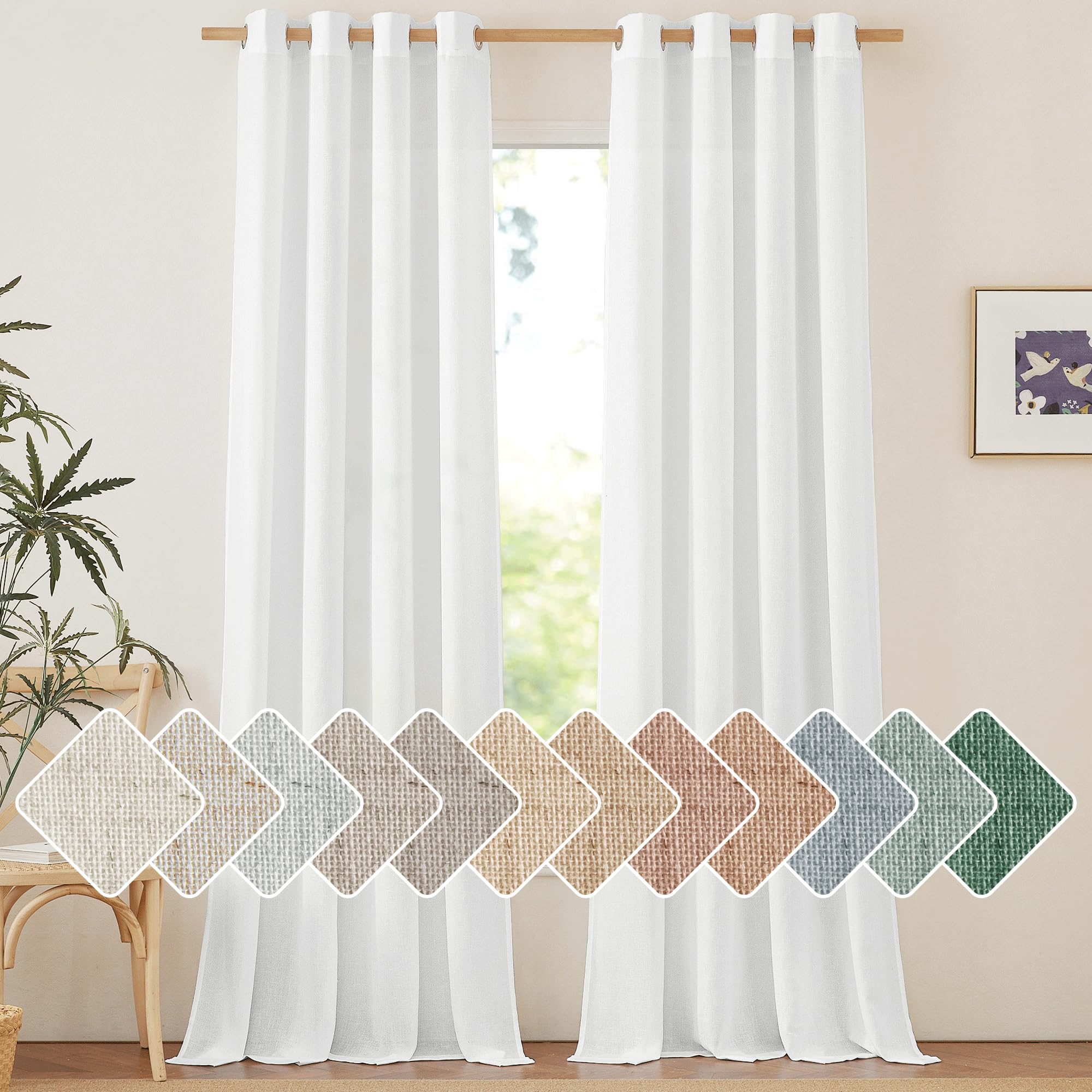 NICETOWN Natural Linen Curtains 84 inch Long 2 Panels Set, Grommet Top Thick Linen Burlap Semi Sheer Vertical Drapes Privacy Assured with Light Filtering for Bedroom/Living Room, W55 x L84