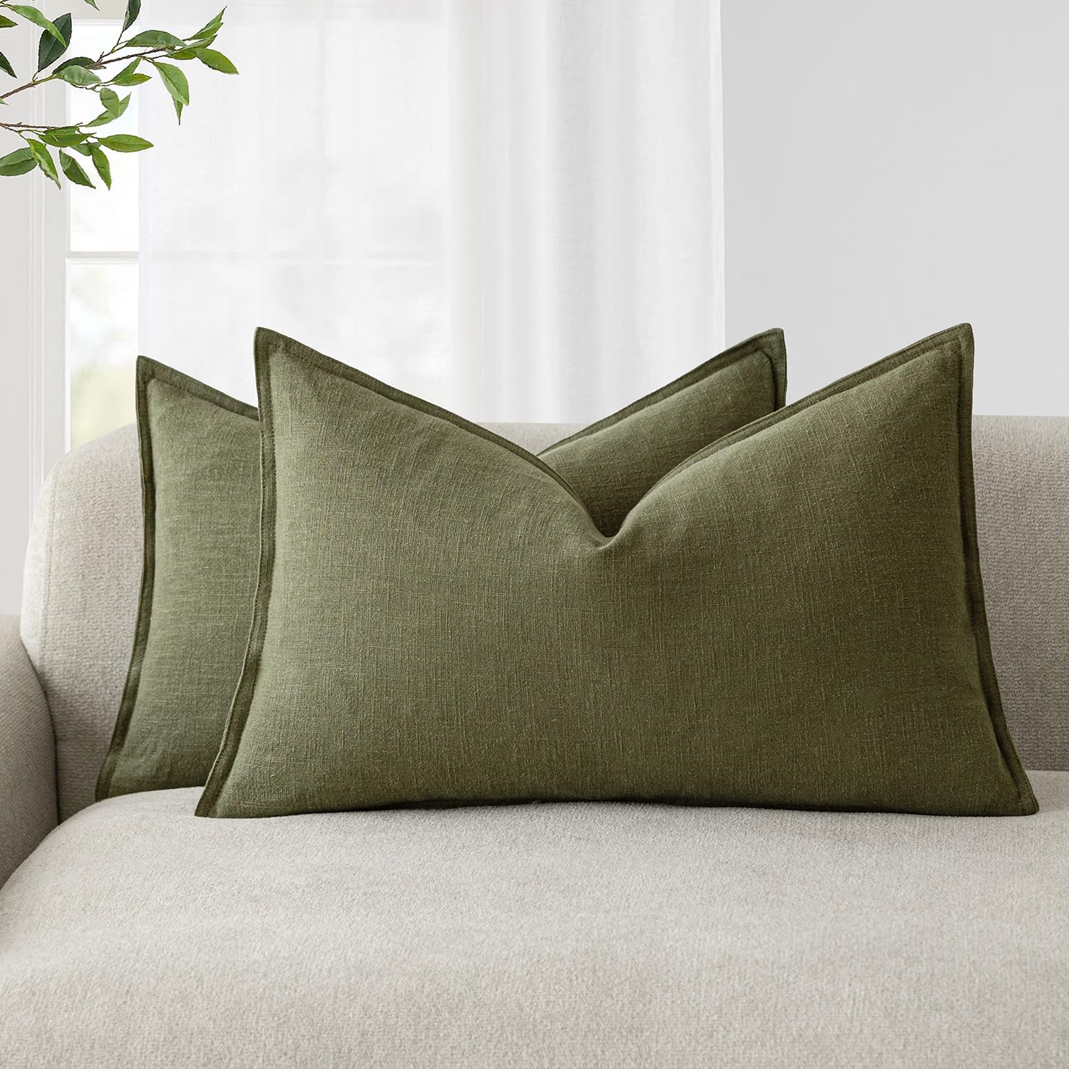 Foindtower Pack of 2, Decorative Linen Soild Throw Pillow Covers Soft Accent Cushion Case Boho Farmhouse Neutral Pillowcase for Couch Sofa Bedroom Living Room Home Decor 20 x 20 Inch Natural Beige