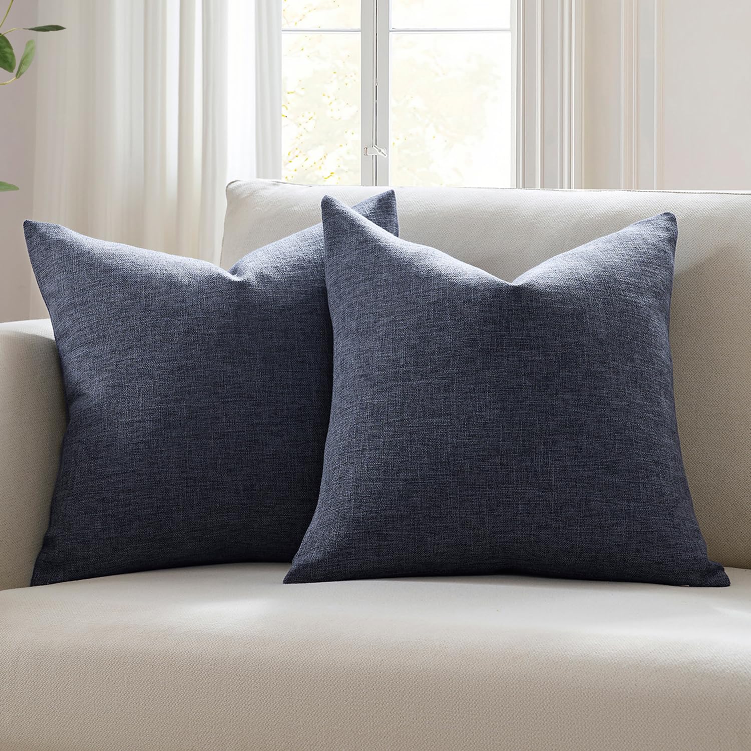 Meekio Set of 2 Ivory Throw Pillow Covers 18x18, Modern Farmhouse Linen Blend Decorative Pillow Covers for Couch Sofa Bed, Neutral Home Decor