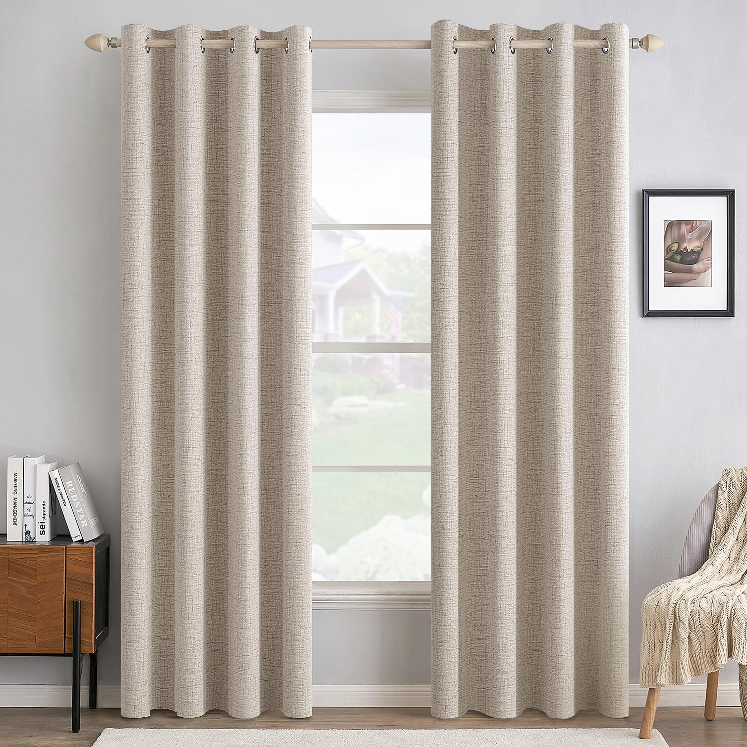 MIULEE 100% Blackout Linen Textured Curtains for Bedroom Solid Thermal Insulated Natural Beige Grommet Room Darkening Curtains & Drapes Luxury Decor for Living Room Nursery 52 x 84 Inch (2 Panels)