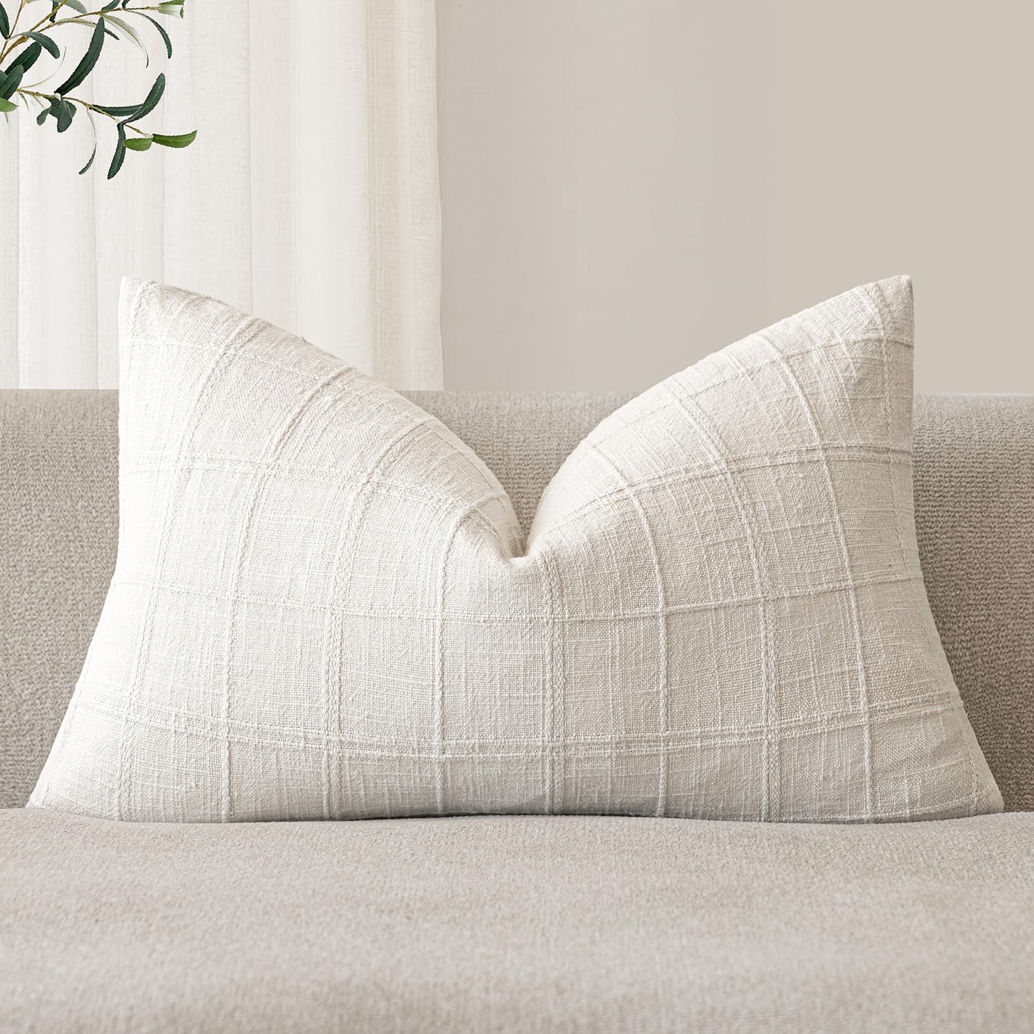 Foindtower Set of 1 Decorative Linen Check Throw Pillow Cover Neutral Farmhouse Lumbar Cushion Cover Modern Boho Home Decor for Sofa Chair Couch Bedroom Living Room,12×20 Inch,Natural Beige