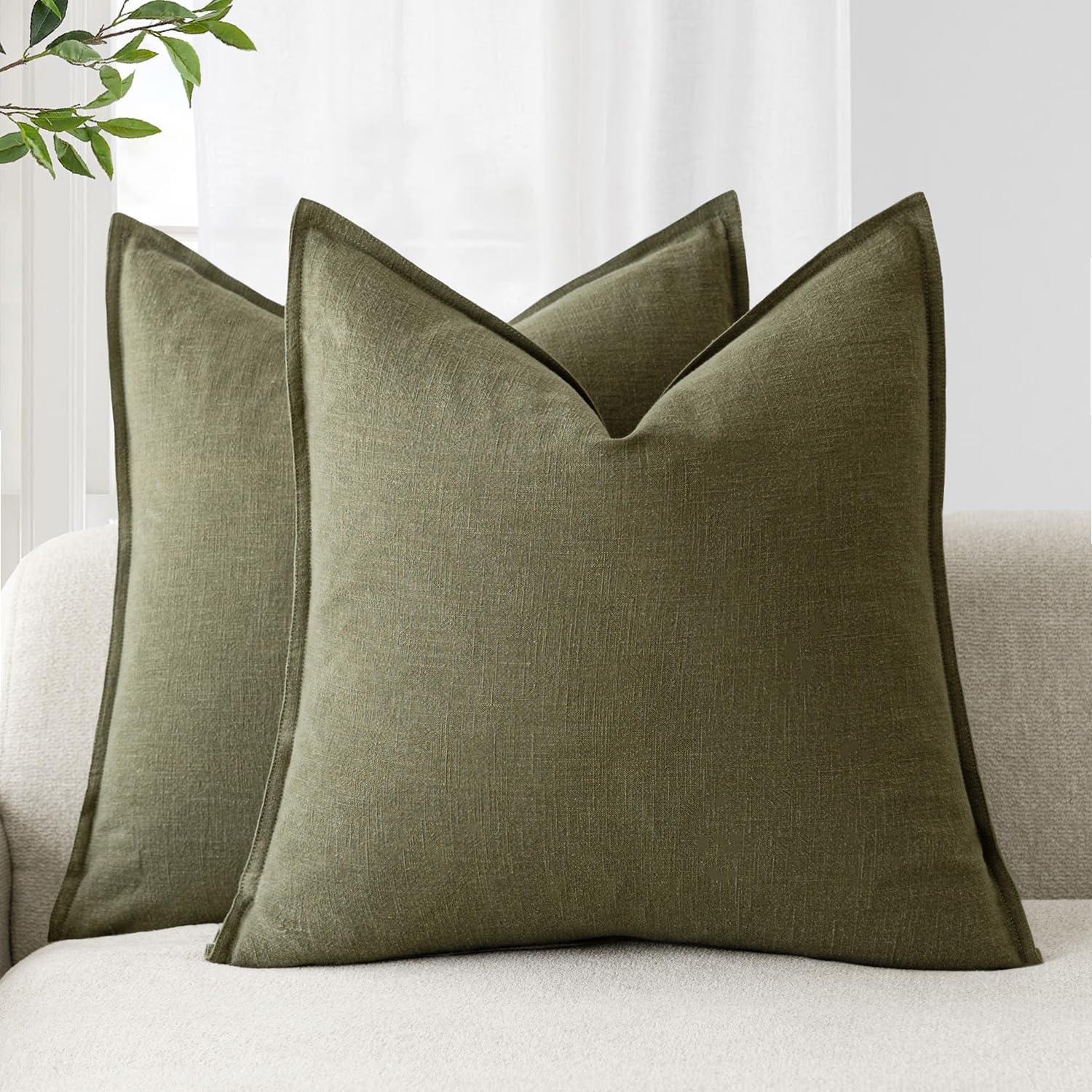 Foindtower Pack of 2, Decorative Linen Soild Throw Pillow Covers Soft Accent Cushion Case Boho Farmhouse Neutral Pillowcase for Couch Sofa Bedroom Living Room Home Decor 20 x 20 Inch Natural Beige