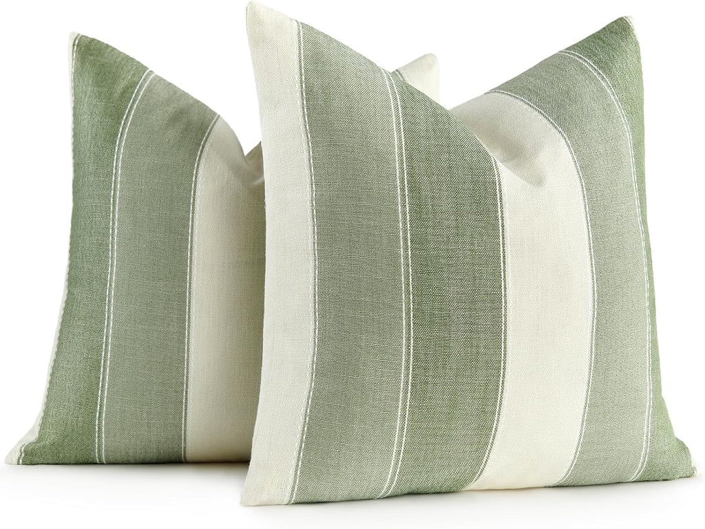 AmHoo Pack of 2 Farmhouse Stripe Check Throw Pillow Covers Set Case Cotton Linen Decorative Pillowcases Cushion Cover for Couch Bench Sofa 20x20 Inch Sage Green