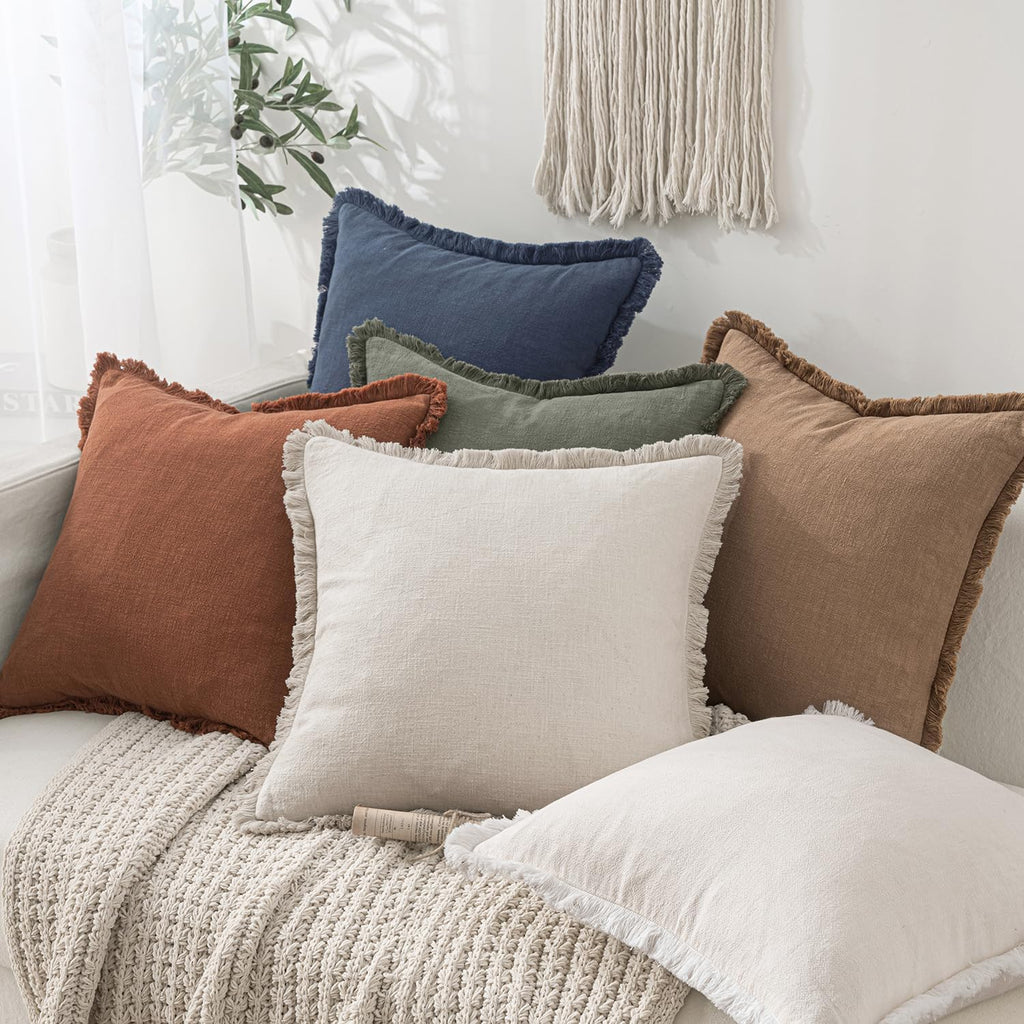MIULEE Decorative Throw Pillow Covers Neutral Linen Fringe Throw Pillows Set of 2 Natural Beige Boho Farmhouse Cushion Cases with Tassels for Couch Sofa Bed Living Room Spring Decor 18x18 Inch