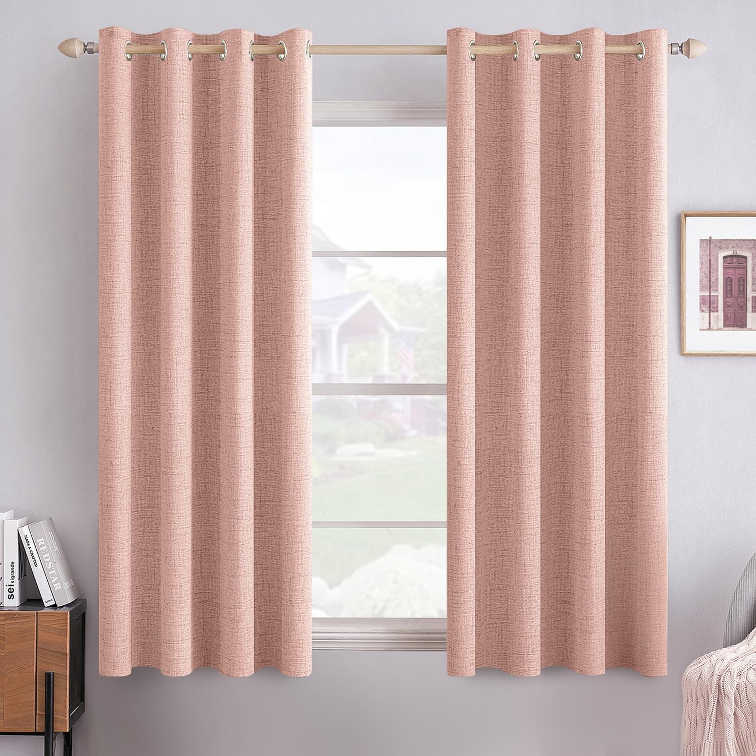 MIULEE 100% Blackout Linen Textured Curtains for Bedroom Solid Thermal Insulated Natural Beige Grommet Room Darkening Curtains & Drapes Luxury Decor for Living Room Nursery 52 x 84 Inch (2 Panels)