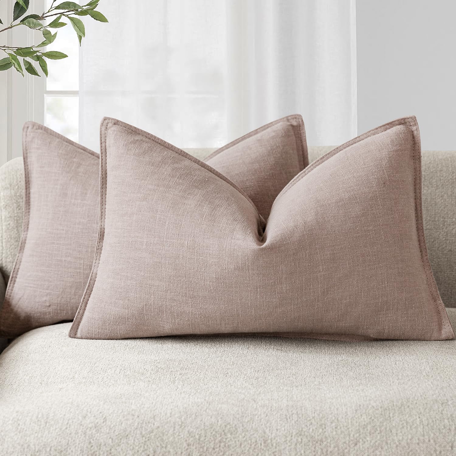 Foindtower Pack of 2, Decorative Linen Soild Throw Pillow Covers Soft Accent Cushion Case Boho Farmhouse Neutral Pillowcase for Couch Sofa Bedroom Living Room Home Decor 20 x 20 Inch Natural Beige