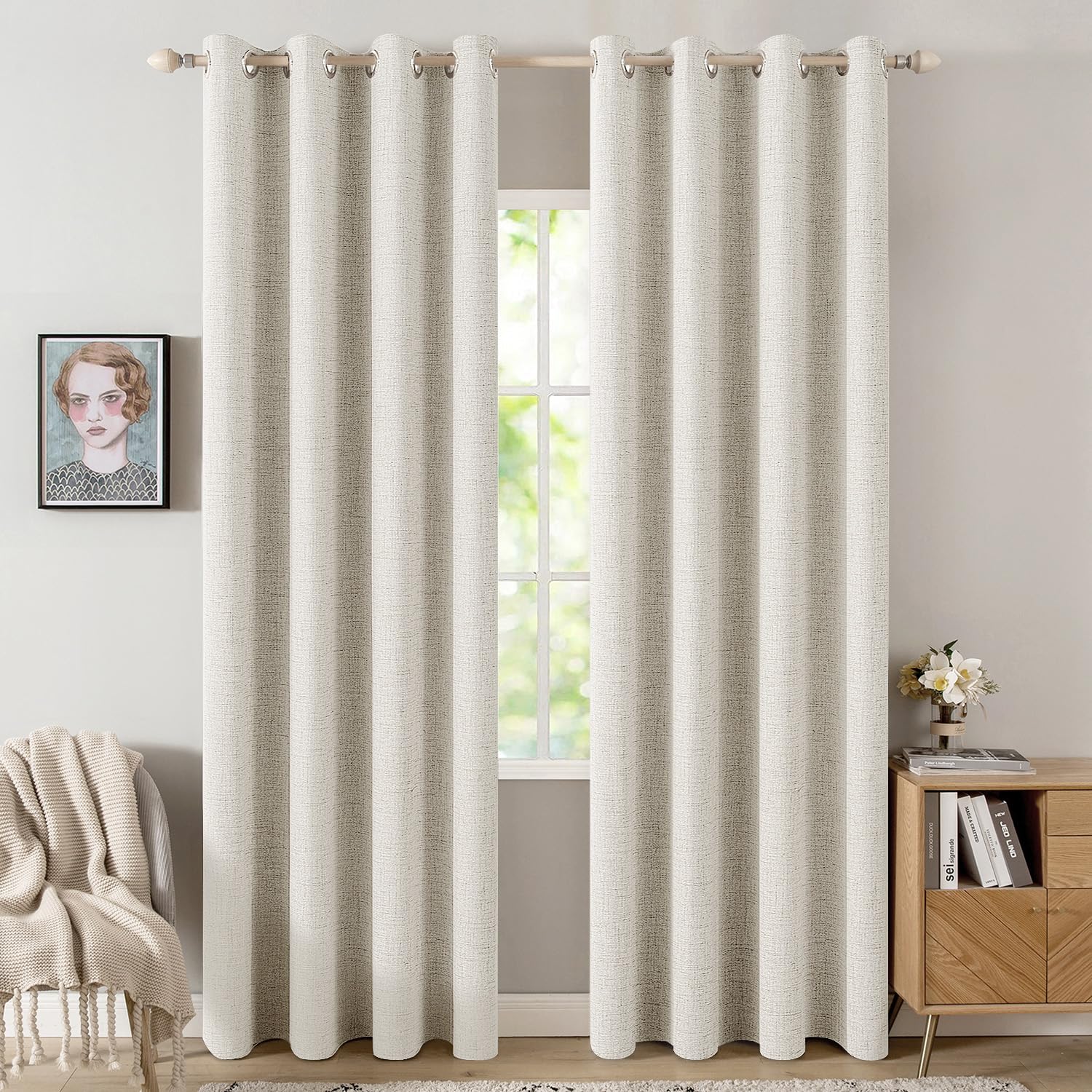 MIULEE 100% Blackout Linen Textured Curtains for Bedroom Solid Thermal Insulated Natural Beige Grommet Room Darkening Curtains & Drapes Luxury Decor for Living Room Nursery 52 x 84 Inch (2 Panels)