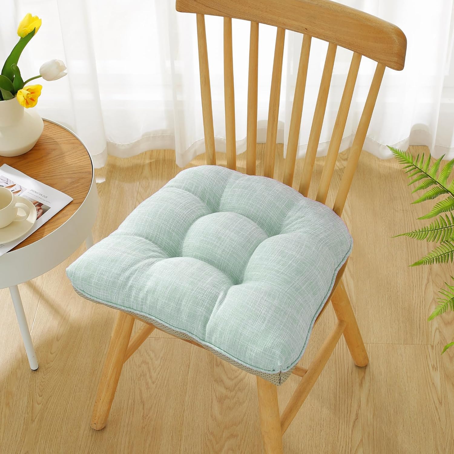 Cotton Linen Soft Comfort Chair Cushion 18"x17"x2" Tufted Chair Pads with Ties Non-Slip Seat Cushions for Indoor Dining Room Kitchen and Office Chairs (Khaki,18"x17")