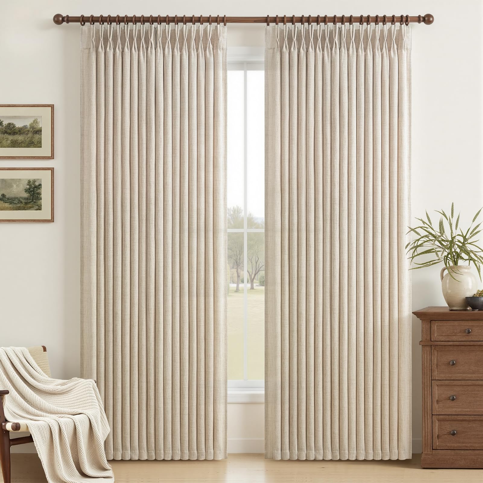 Pinch Pleated Linen 50 Inch Wide Curtains 96 Inches Long for Living Room, Memory Trained Pleat Boho Semi Sheer Birch Light Filtering Privacy Drapes 50x96 Inch Length 2 Panels Set Curtain Cream Ivory