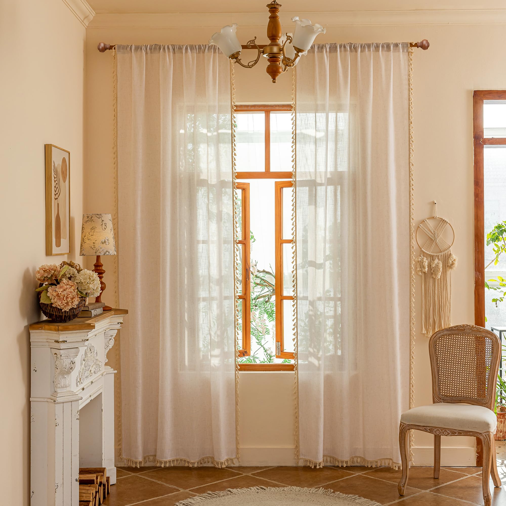 MYSKY HOME Linen Curtains for Living Room, Natural Semi Sheer Curtains & Drapes 84 inches Length 2 Panels Set Farmhouse Country Boho Style Back Tab Draperies for Sliding Glass Door, 50" Wide, Linen