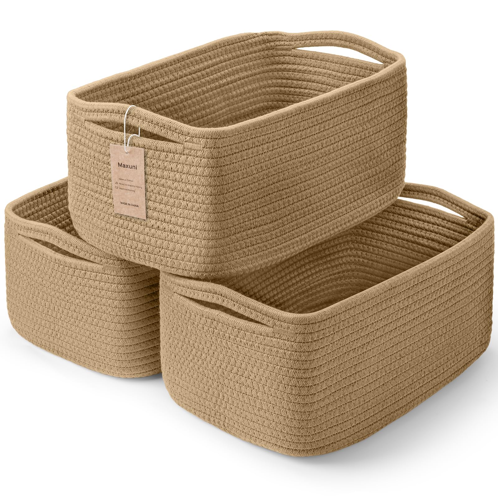 3-Pack Small Storage Baskets for Organizing | Woven Shelf Toy Basket | Rope Baskets for Gifts Empty | Closet Organizer Bins with Handles | Cube Decorative Box | 11.8×7.8×5.1” | Mixed brown