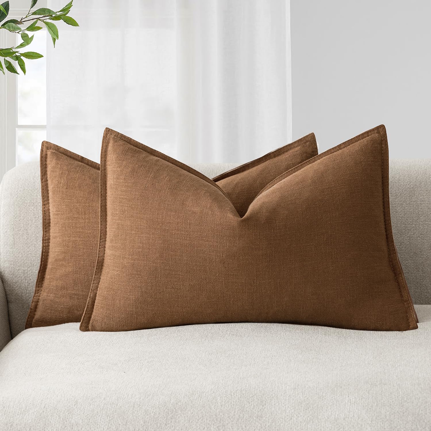 Foindtower Pack of 2, Decorative Linen Soild Throw Pillow Covers Soft Accent Cushion Case Boho Farmhouse Neutral Pillowcase for Couch Sofa Bedroom Living Room Home Decor 18 x 18 Inch Natural Beige
