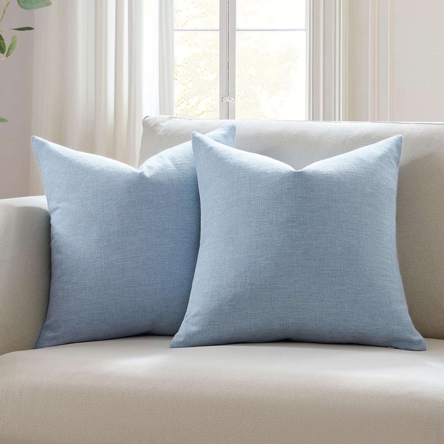 Meekio Set of 2 Ivory Throw Pillow Covers 18x18, Modern Farmhouse Linen Blend Decorative Pillow Covers for Couch Sofa Bed, Neutral Home Decor