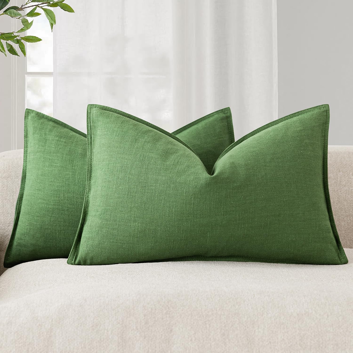 Foindtower Pack of 2, Decorative Linen Soild Throw Pillow Covers Soft Accent Cushion Case Boho Farmhouse Neutral Pillowcase for Couch Sofa Bedroom Living Room Home Decor 18 x 18 Inch Natural Beige