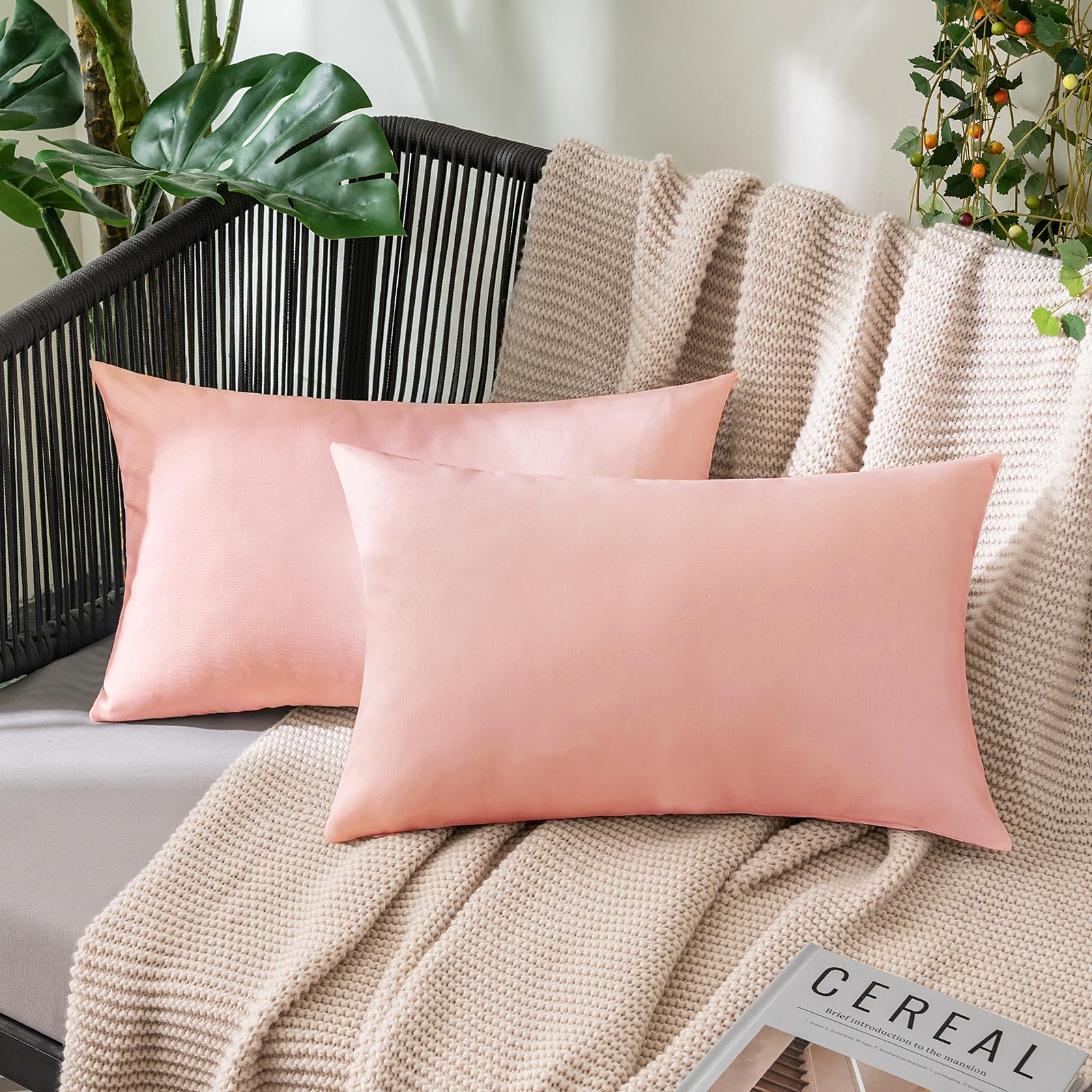 MIULEE Pack of 2 Decorative Outdoor Solid Waterproof Throw Pillow Covers Faux Linen Garden Farmhouse Cushion Cases for Patio Tent Balcony Couch Sofa 18x18 Inch Beige