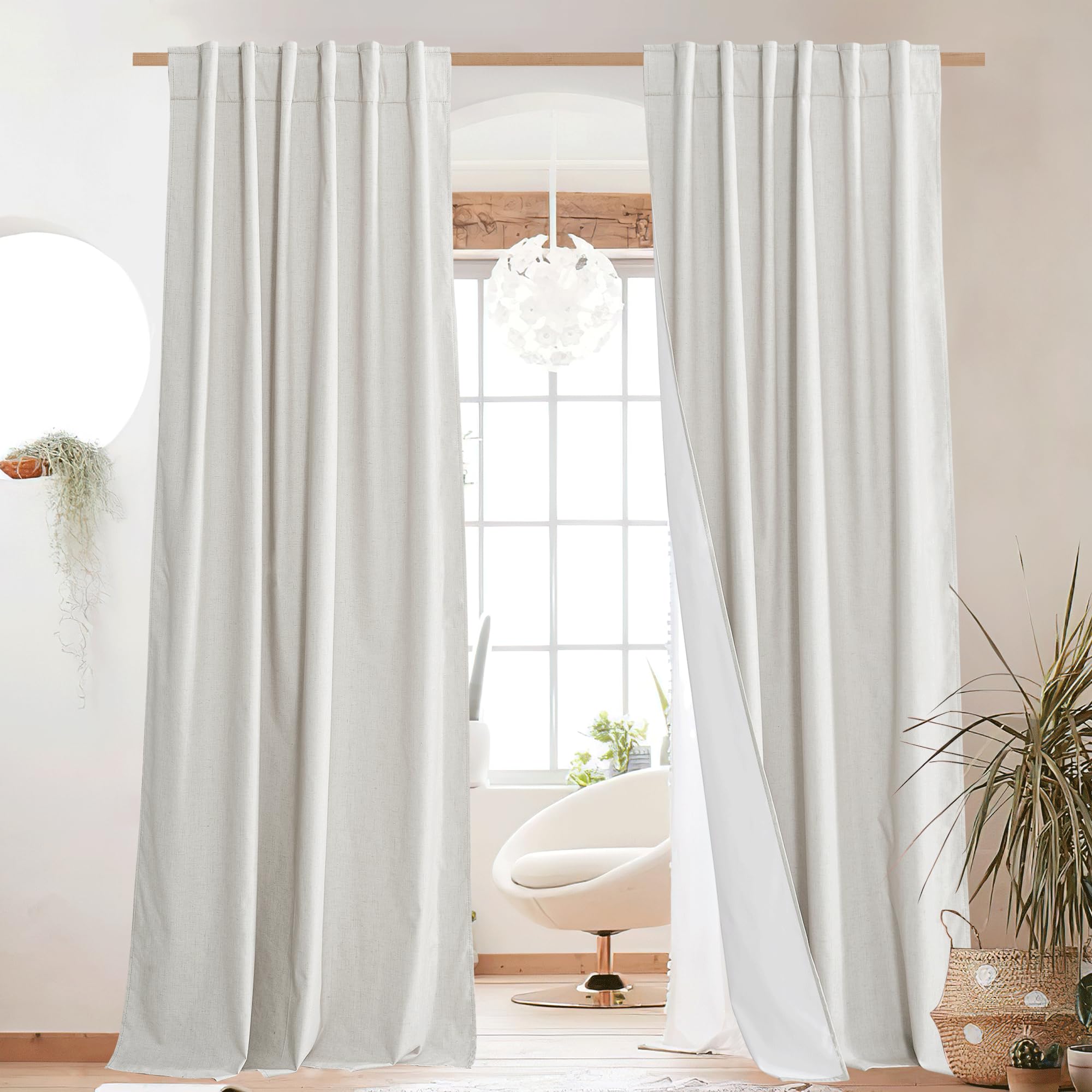NICETOWN 100% Blackout Linen Curtains 90" Long for Bedroom, Thermal Insulated Living Room Curtains with Liner, Farmhouse Style Linen Blend Window Draperies for Dining Room (2 Panels, 52" W, Natural)