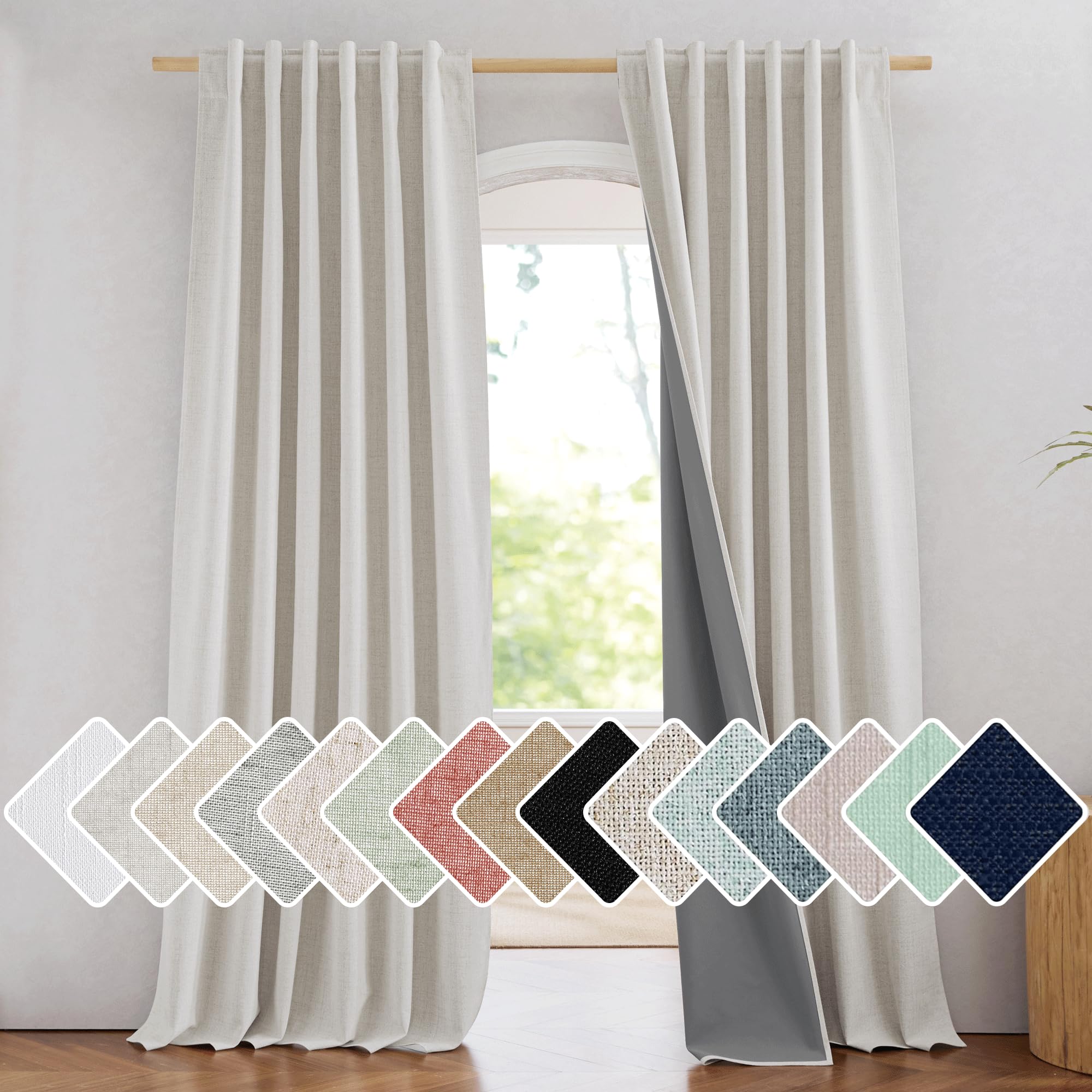NICETOWN 100% Blackout Linen Curtains 90" Long for Bedroom, Thermal Insulated Living Room Curtains with Liner, Farmhouse Style Linen Blend Window Draperies for Dining Room (2 Panels, 52" W, Natural)