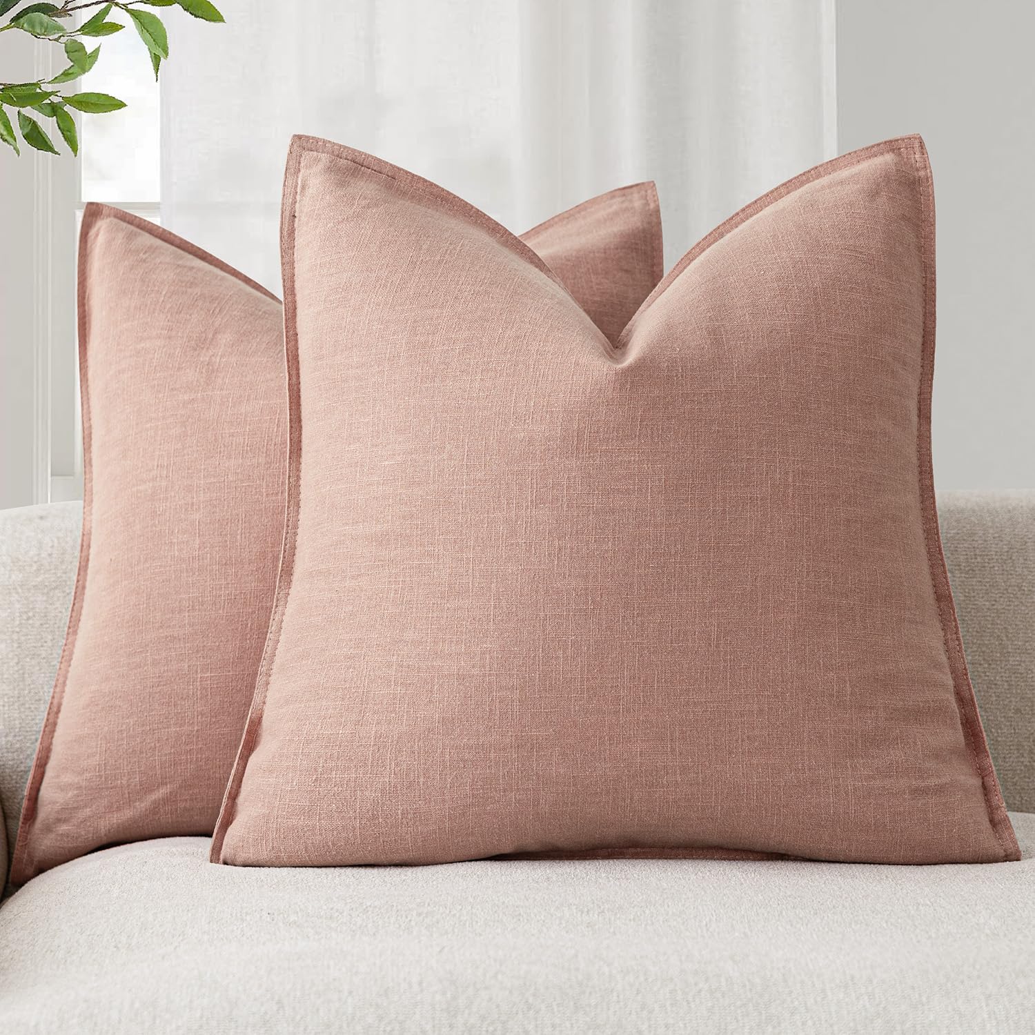 Foindtower Pack of 2, Decorative Linen Soild Throw Pillow Covers Soft Accent Cushion Case Boho Farmhouse Neutral Pillowcase for Couch Sofa Bedroom Living Room Home Decor 18 x 18 Inch Natural Beige