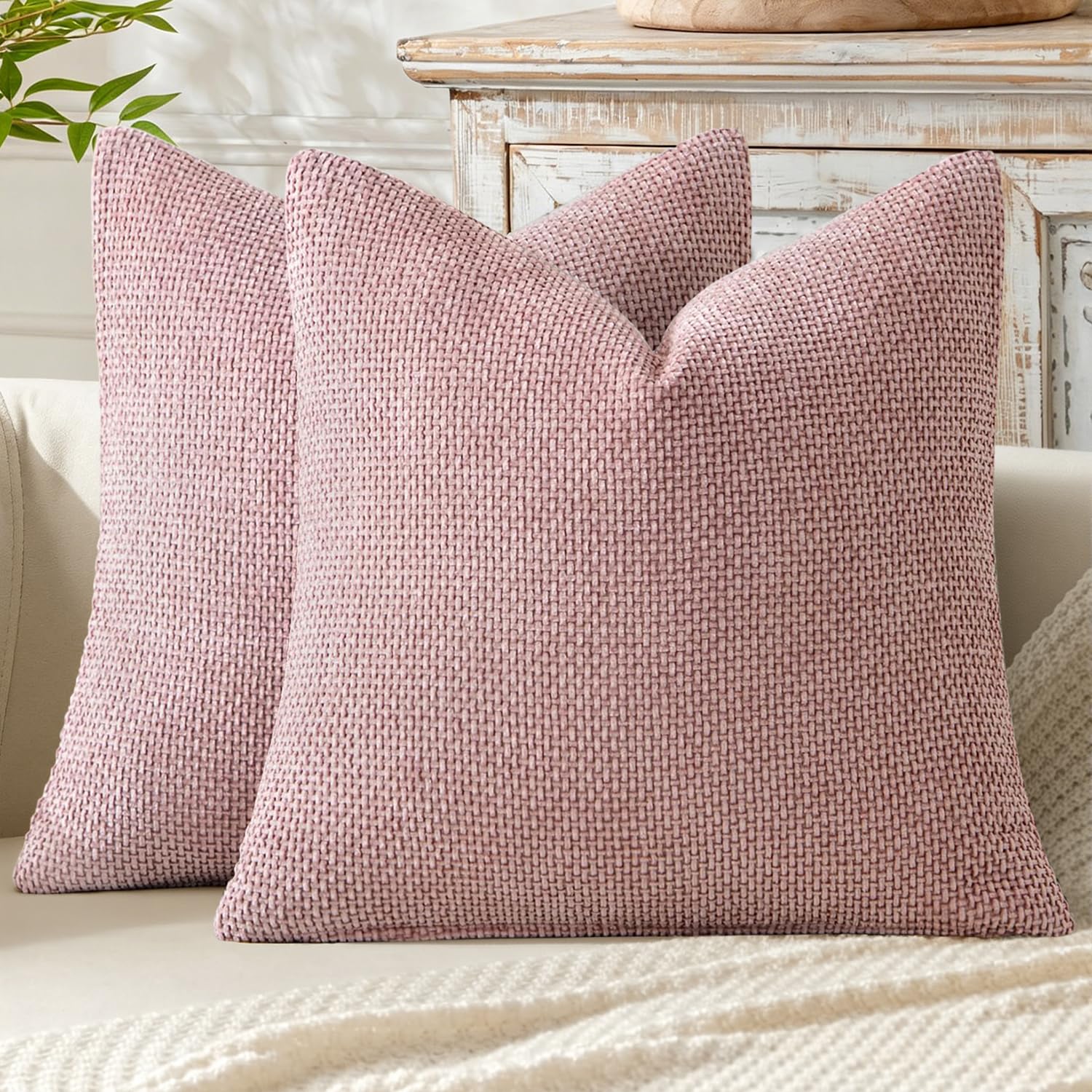 MIULEE Pack of 2 Couch Throw Pillow Covers 18x18 Inch Neutral Beige Modern Boho Accent Decorative Pillow Covers Soft Chenille Farmhouse Cushion Covers for Home Decor Bed Sofa Living Room