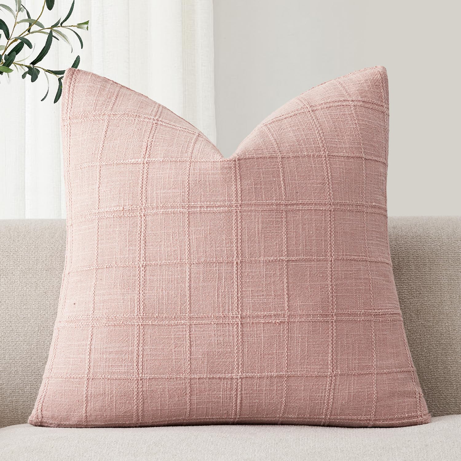 Foindtower Set of 1 Decorative Linen Check Throw Pillow Cover Neutral Farmhouse Lumbar Cushion Cover Modern Boho Home Decor for Sofa Chair Couch Bedroom Living Room,12×20 Inch,Natural Beige