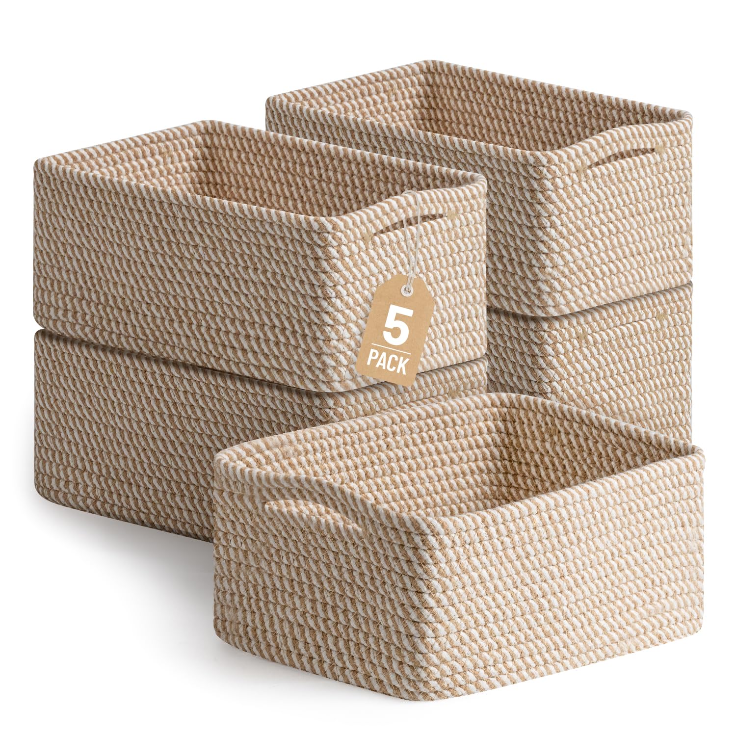 5 Pack Small Woven Storage Baskets for Shelves, Cotton Rope Baskets Organizer for Bathroom, Closet & Nursery, Decorative Storage Bins for Organizing Socks, Toys, 11.8"x7.9"x4.7", Khaki/White