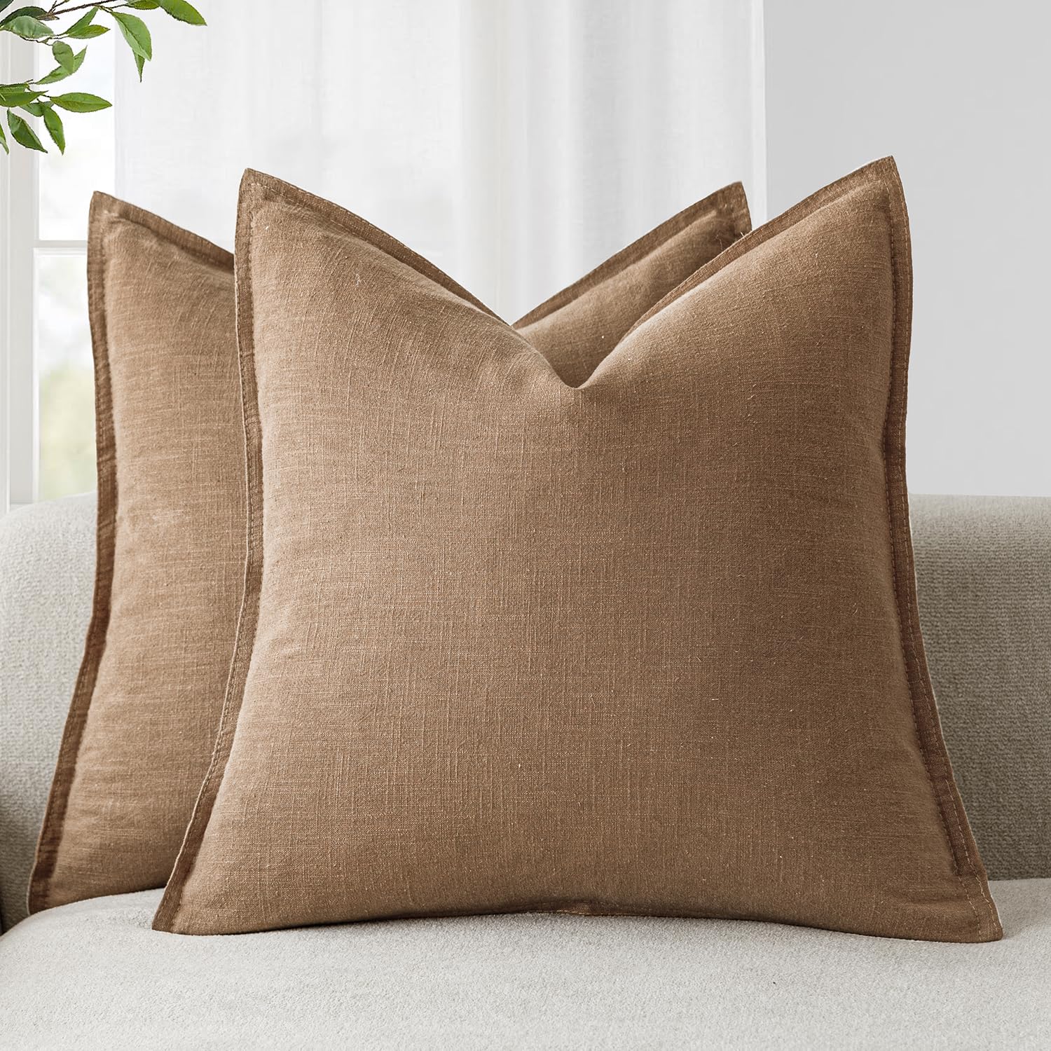 Foindtower Pack of 2, Decorative Linen Soild Throw Pillow Covers Soft Accent Cushion Case Boho Farmhouse Neutral Pillowcase for Couch Sofa Bedroom Living Room Home Decor 20 x 20 Inch Natural Beige