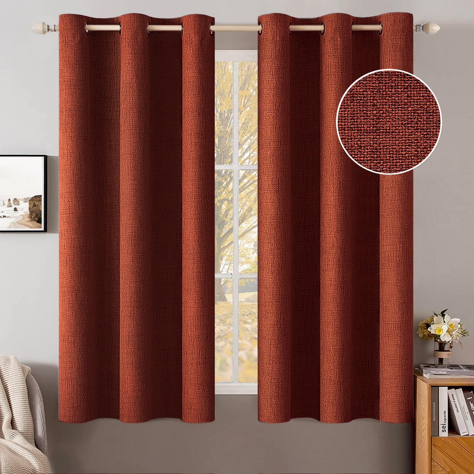 MIULEE 100% Blackout Linen Textured Curtains for Bedroom Solid Thermal Insulated Natural Beige Grommet Room Darkening Curtains & Drapes Luxury Decor for Living Room Nursery 52 x 84 Inch (2 Panels)