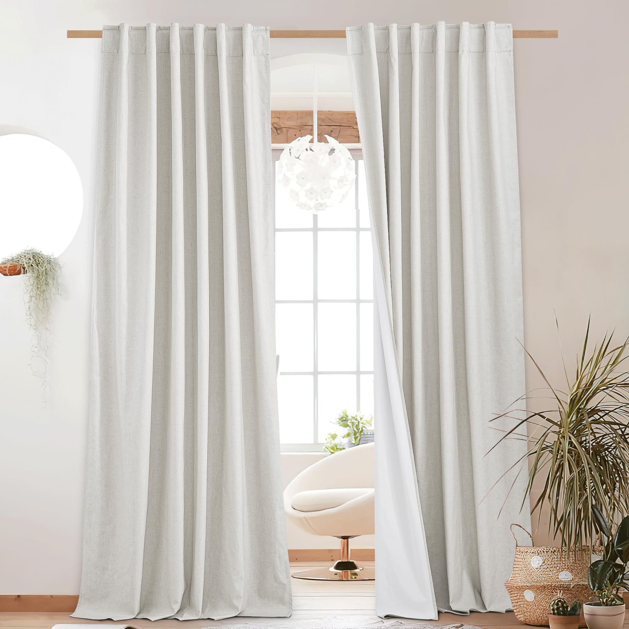 NICETOWN 100% Blackout Linen Curtains 90" Long for Bedroom, Thermal Insulated Living Room Curtains with Liner, Farmhouse Style Linen Blend Window Draperies for Dining Room (2 Panels, 52" W, Natural)