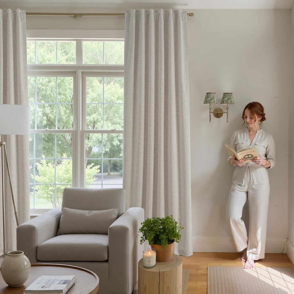 NICETOWN 100% Blackout Linen Curtains 90" Long for Bedroom, Thermal Insulated Living Room Curtains with Liner, Farmhouse Style Linen Blend Window Draperies for Dining Room (2 Panels, 52" W, Natural)
