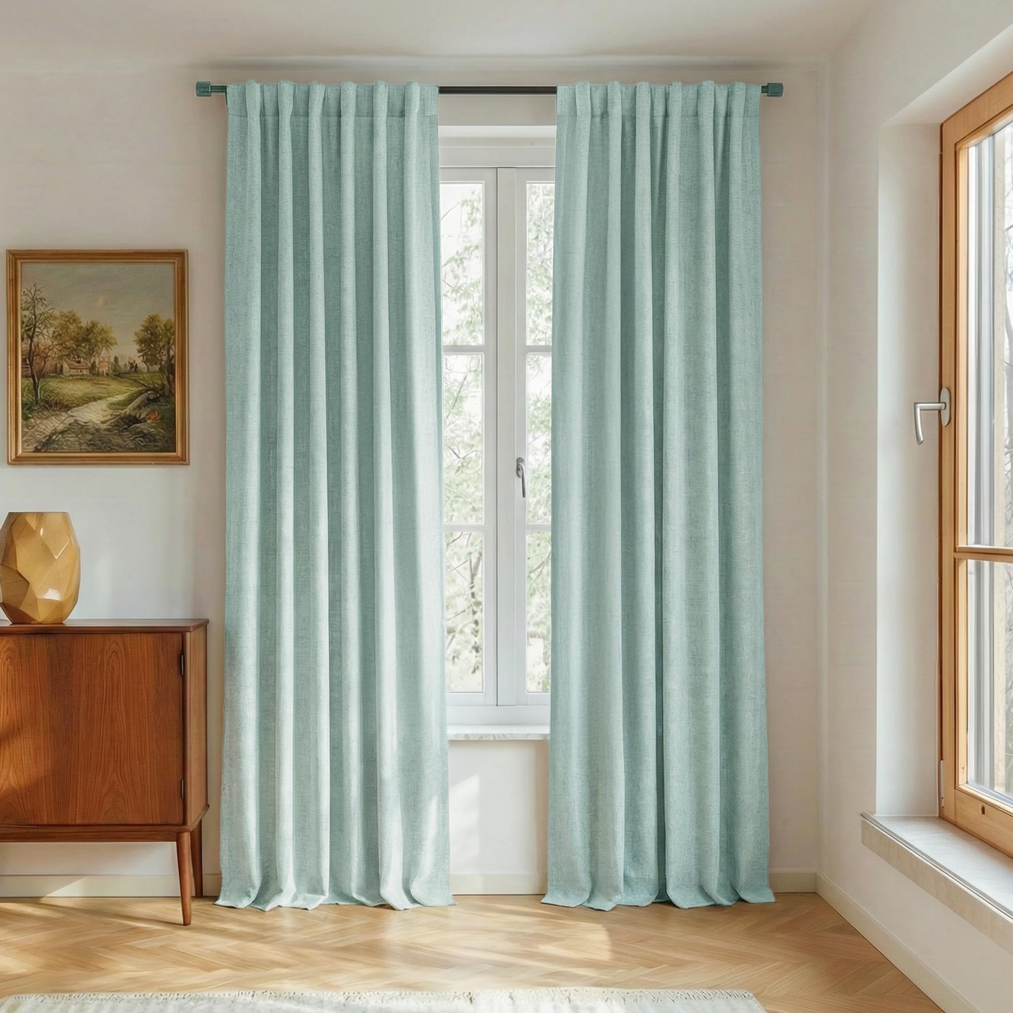 NICETOWN 100% Blackout Linen Curtains 90" Long for Bedroom, Thermal Insulated Living Room Curtains with Liner, Farmhouse Style Linen Blend Window Draperies for Dining Room (2 Panels, 52" W, Natural)