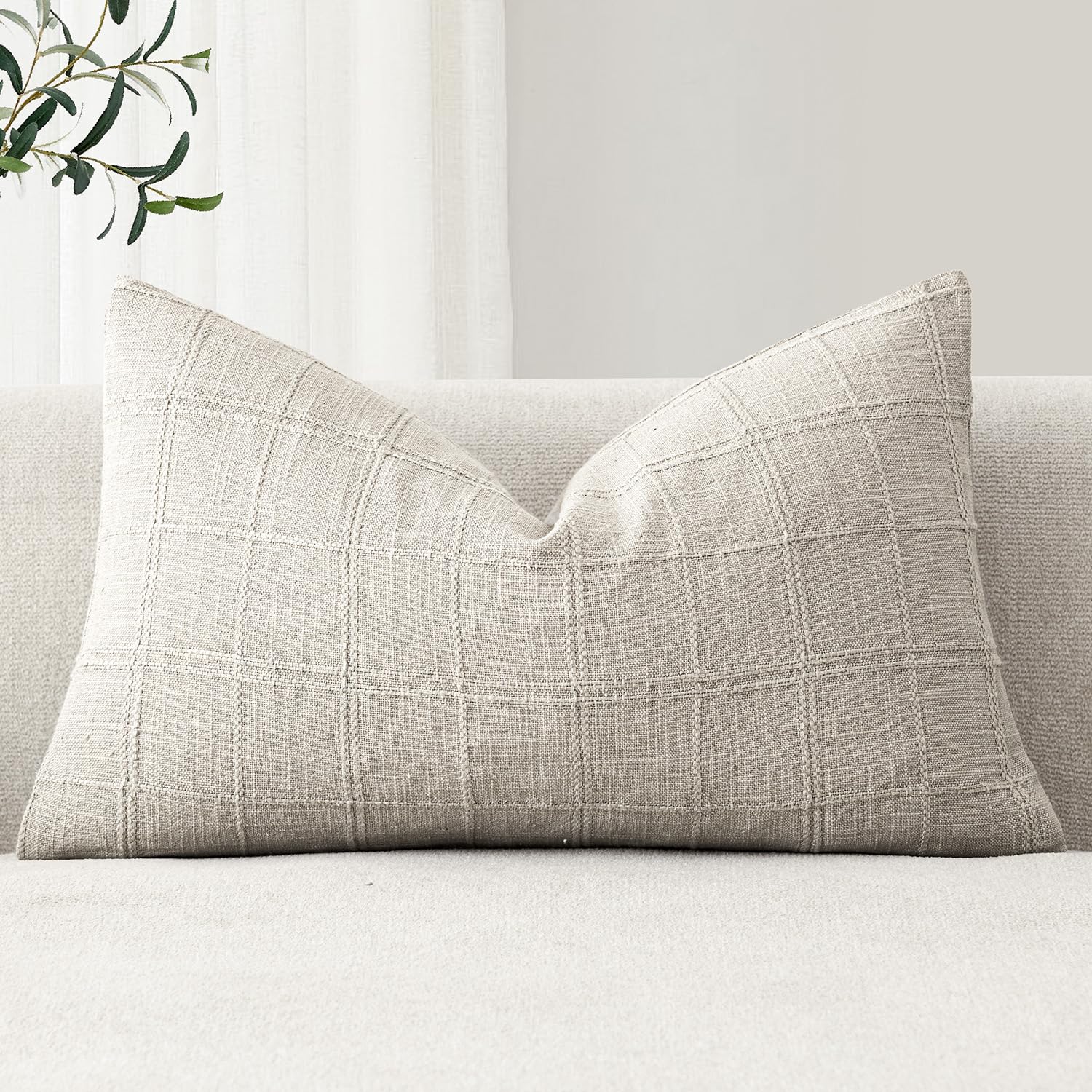 Foindtower Set of 1 Decorative Linen Check Throw Pillow Cover Neutral Farmhouse Lumbar Cushion Cover Modern Boho Home Decor for Sofa Chair Couch Bedroom Living Room,12×20 Inch,Natural Beige