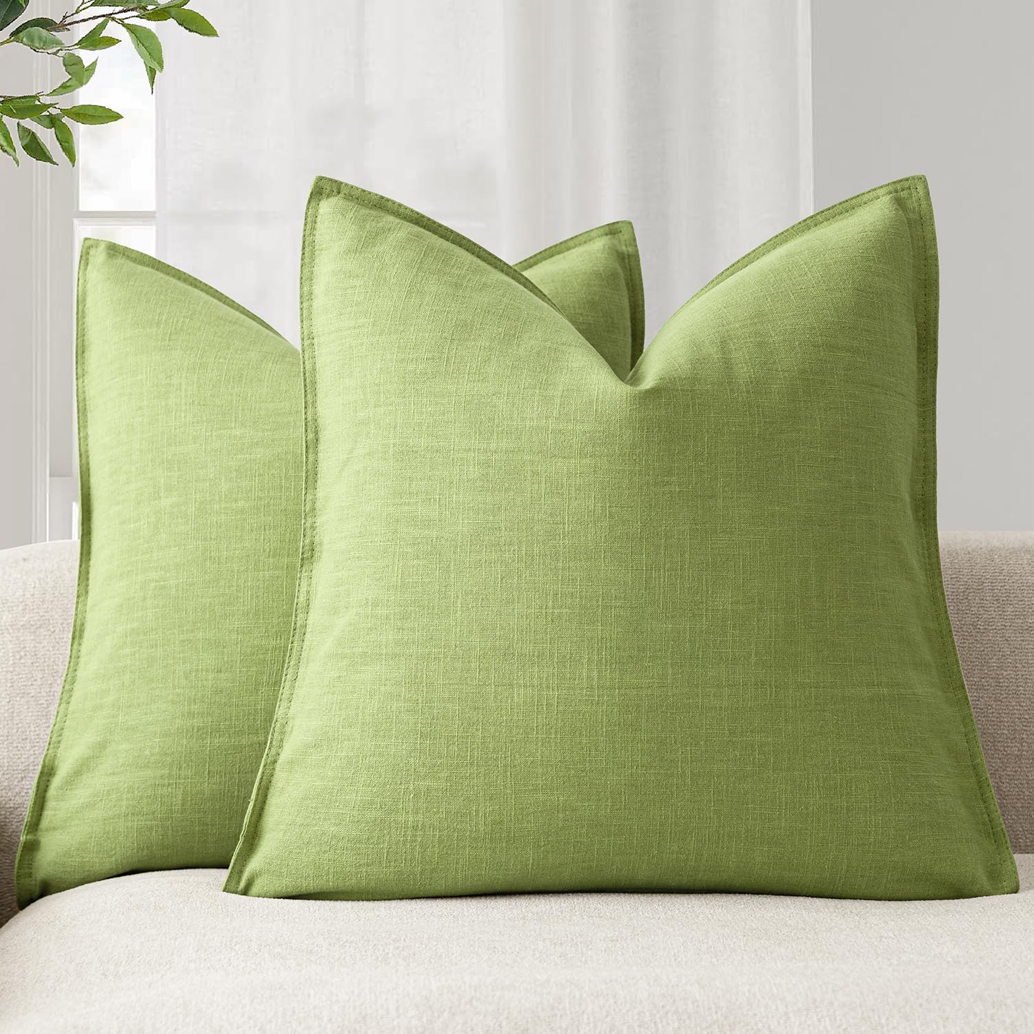 Foindtower Pack of 2, Decorative Linen Soild Throw Pillow Covers Soft Accent Cushion Case Boho Farmhouse Neutral Pillowcase for Couch Sofa Bedroom Living Room Home Decor 18 x 18 Inch Natural Beige
