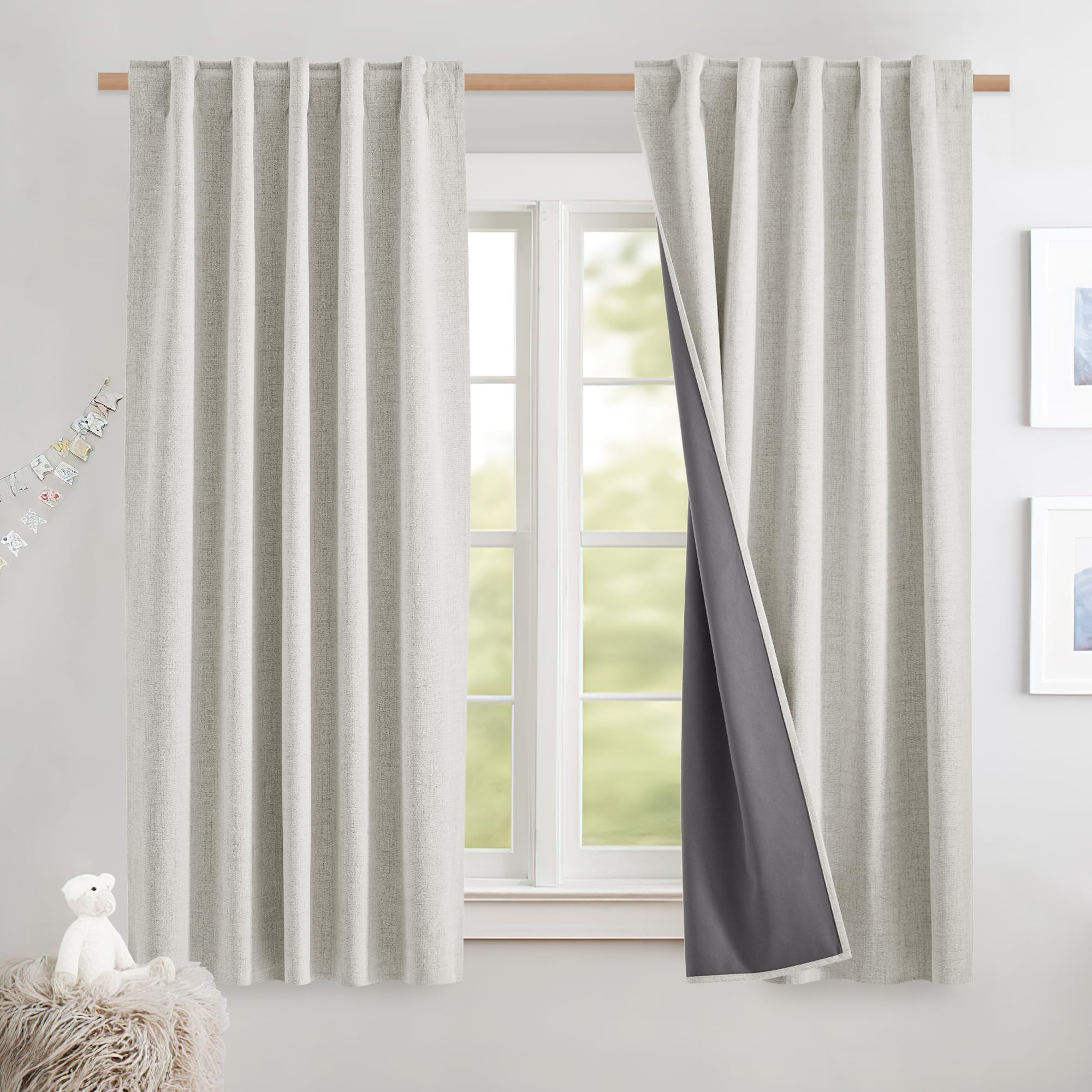 NICETOWN 100% Blackout Linen Curtains 90" Long for Bedroom, Thermal Insulated Living Room Curtains with Liner, Farmhouse Style Linen Blend Window Draperies for Dining Room (2 Panels, 52" W, Natural)
