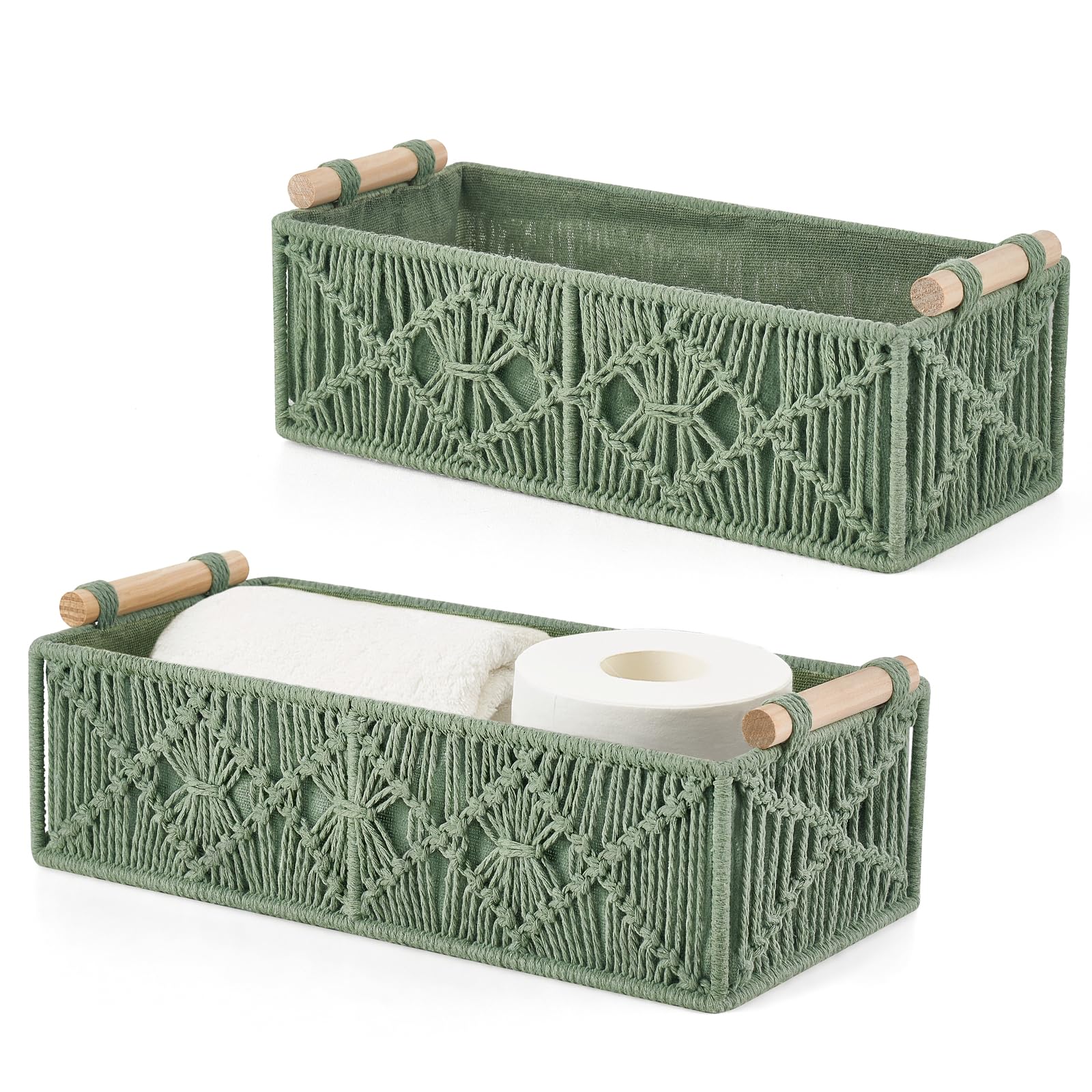 Mkono Macrame Storage Baskets Boho Decor Box Handmade Woven Decorative Countertop Toilet Tank Shelf Cabinet Organizer for Bedroom Livingroom Home, Set of 2, Ivory