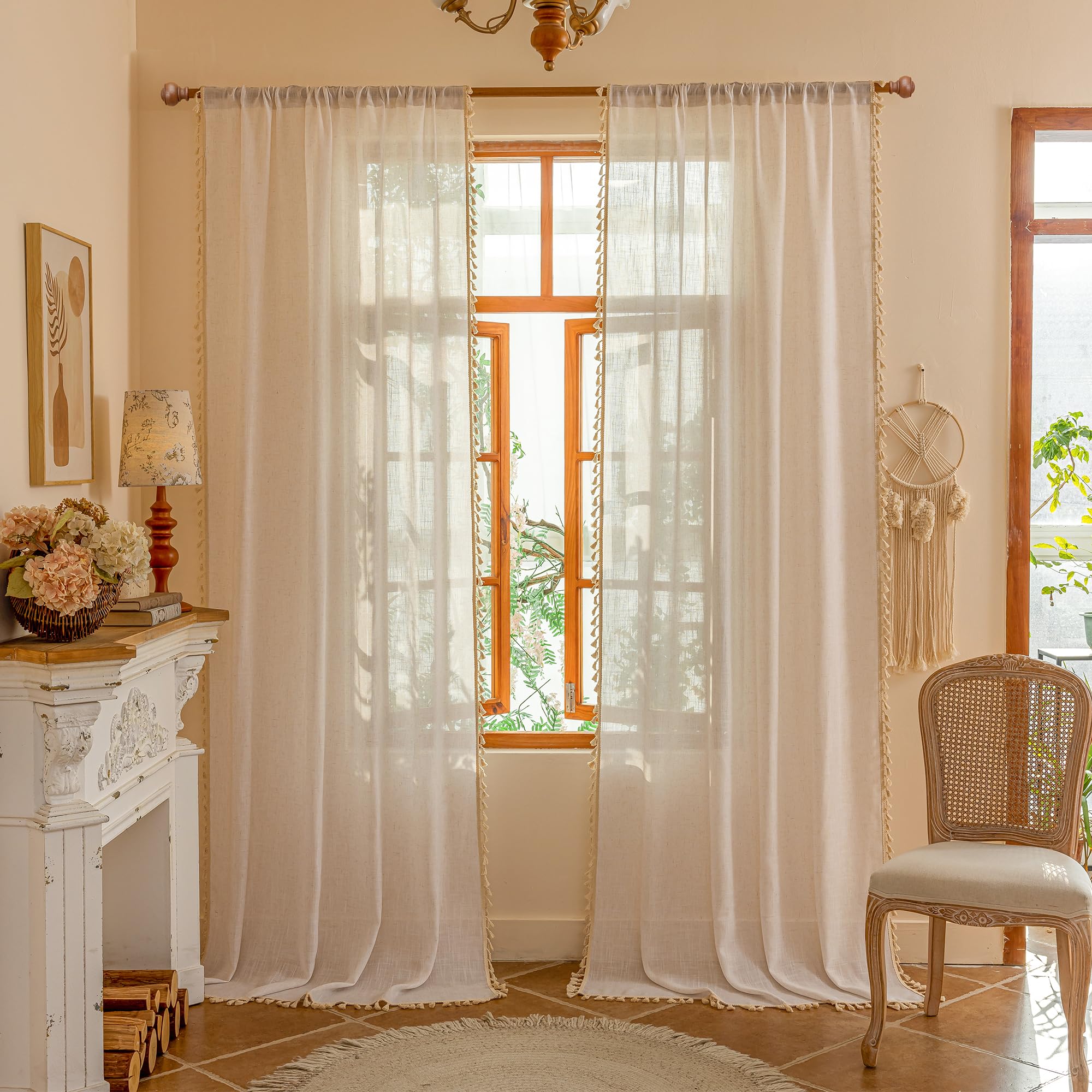 MYSKY HOME Linen Curtains for Living Room, Natural Semi Sheer Curtains & Drapes 84 inches Length 2 Panels Set Farmhouse Country Boho Style Back Tab Draperies for Sliding Glass Door, 50" Wide, Linen