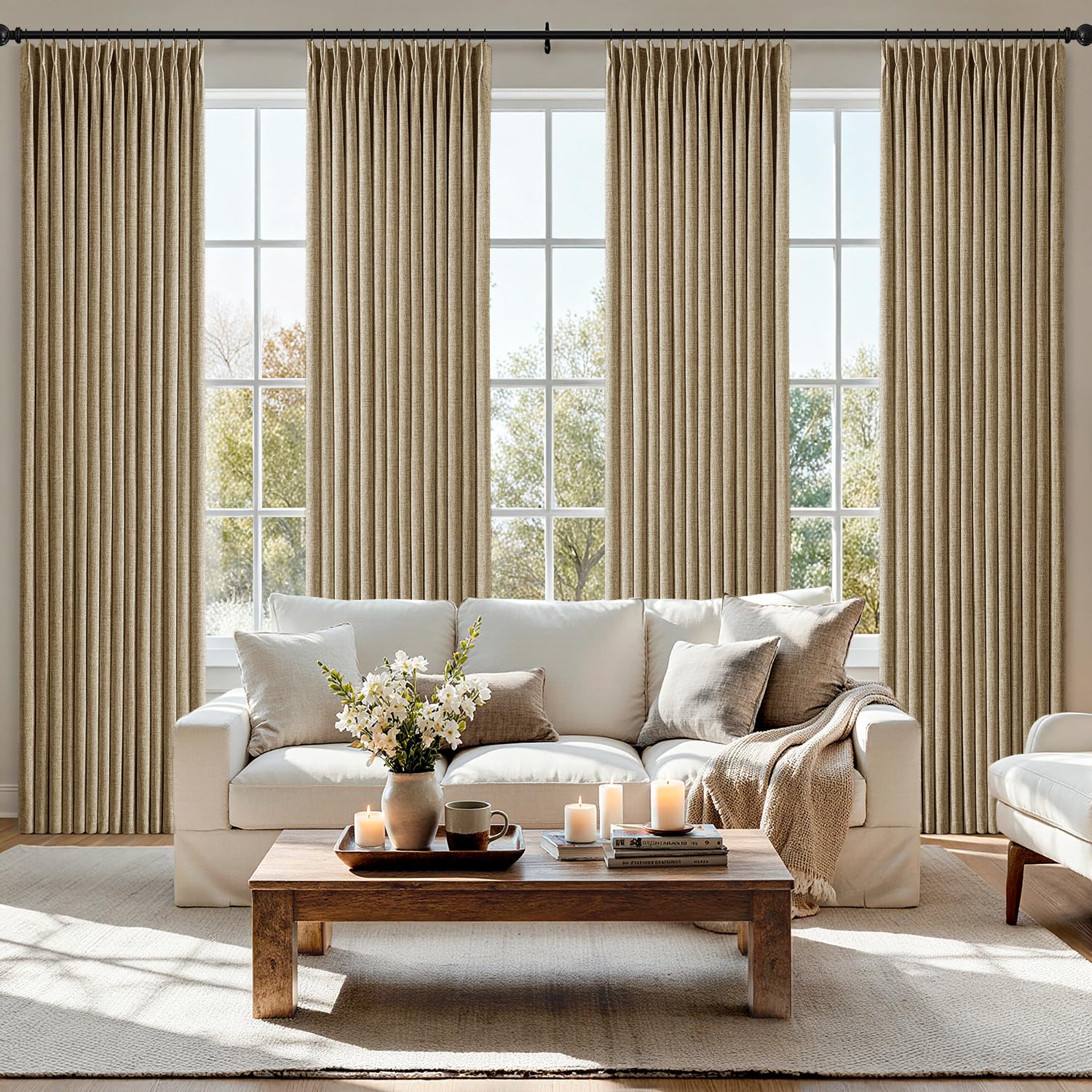 MIULEE Pinch Pleated Thick Linen Curtains 90 Inches 4 Panels Set Ivory Cream Back Tab Memory Trained Pinch Pleat Semi Sheer Light Filtering Privacy Curtains Window Drapes for Living Room Bedroom Birch