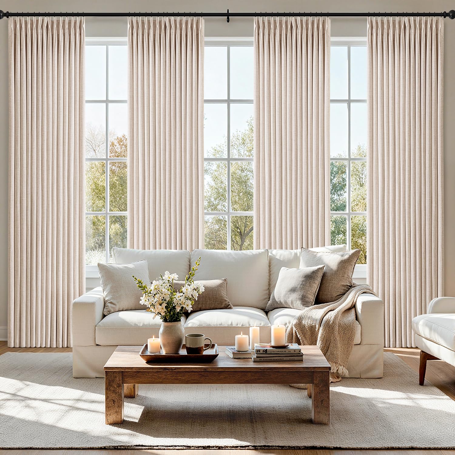 MIULEE Pinch Pleated Thick Linen Curtains 90 Inches 4 Panels Set Ivory Cream Back Tab Memory Trained Pinch Pleat Semi Sheer Light Filtering Privacy Curtains Window Drapes for Living Room Bedroom Birch